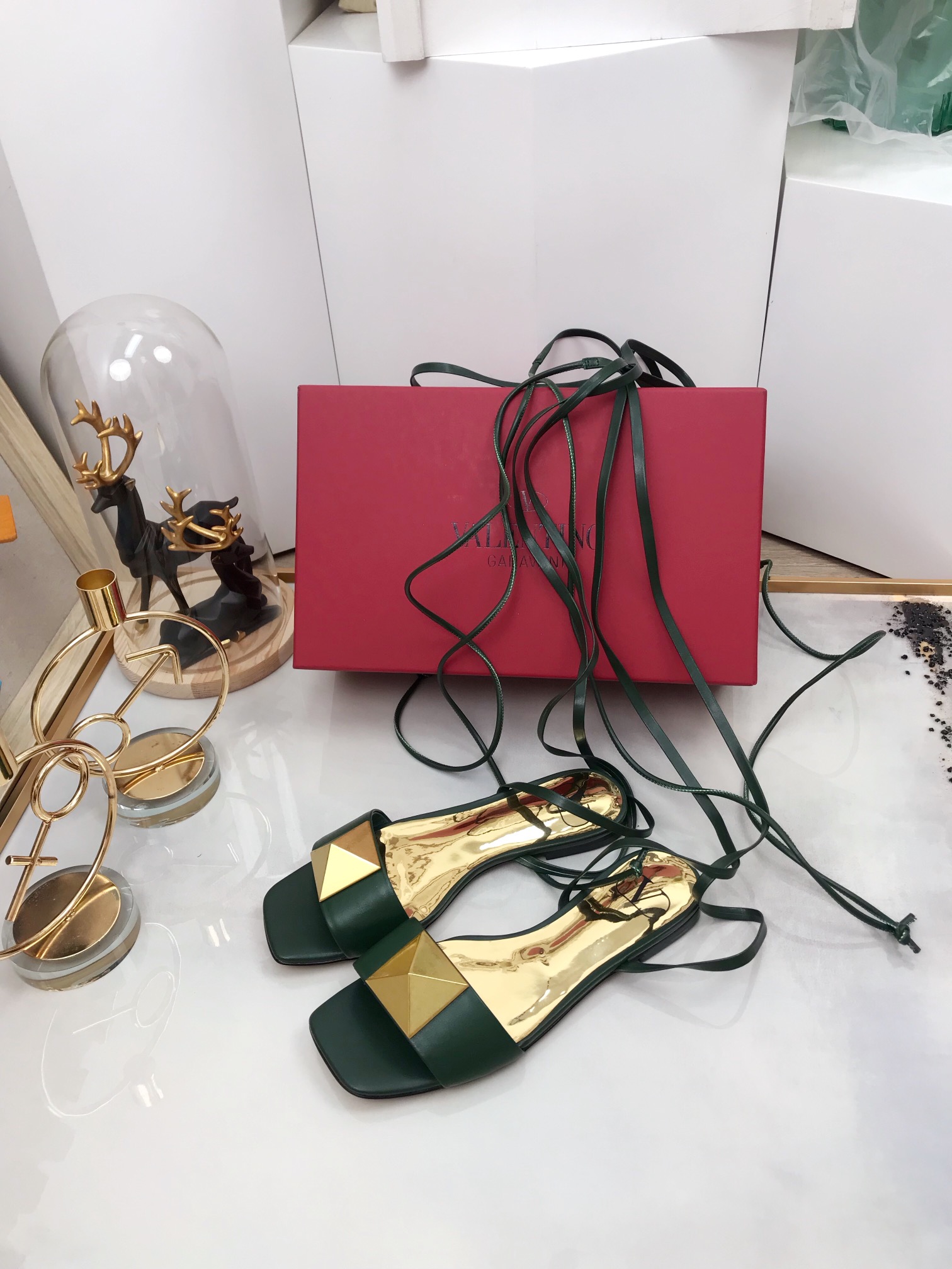 Valentino Garavani One Stud Gladiator Flat Sandals Dark Green For Women WS0EK9CYI - Soul Replicas