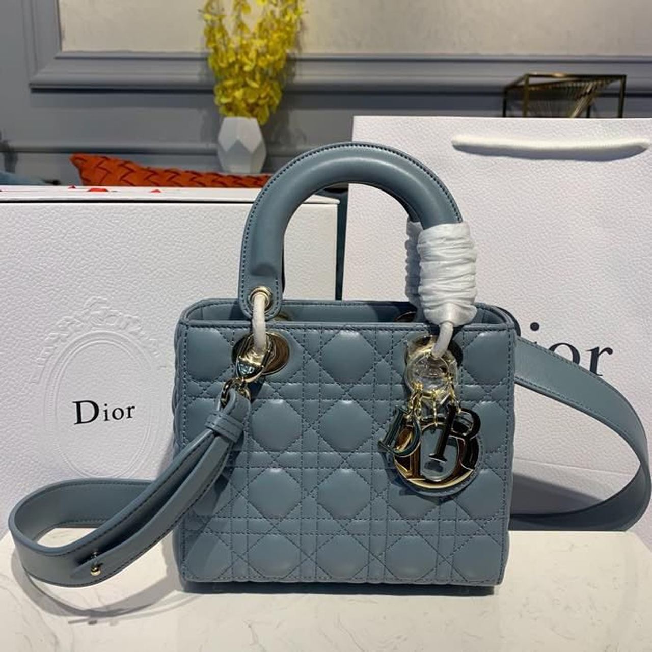 Christian Dior Small Lady Dior Bag Gold Toned Hardware Light Blue For Women 8in/20cm - Soul Replicas