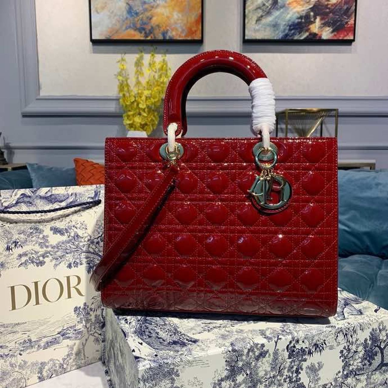 Christian Dior Large Lady Dior Bag Gold Toned Hardware Cherry Red Patent For Women 12.5in/32cm CD - Soul Replicas