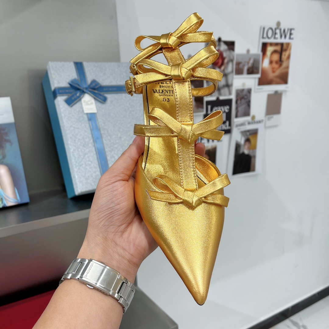 Valentino Garavani Ribbon Ankle Strap Heel Sandals Gold For Women WW2S0CI3 - Soul Replicas