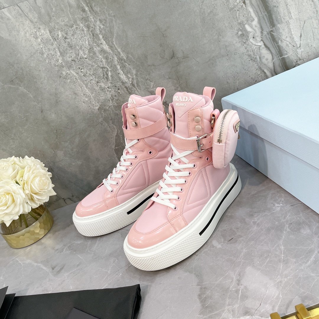 Prada Macro Re-Nylon And Brushed High-Top Sneakers Pink For Women 1.8in/45mm Prada - Soul Replicas