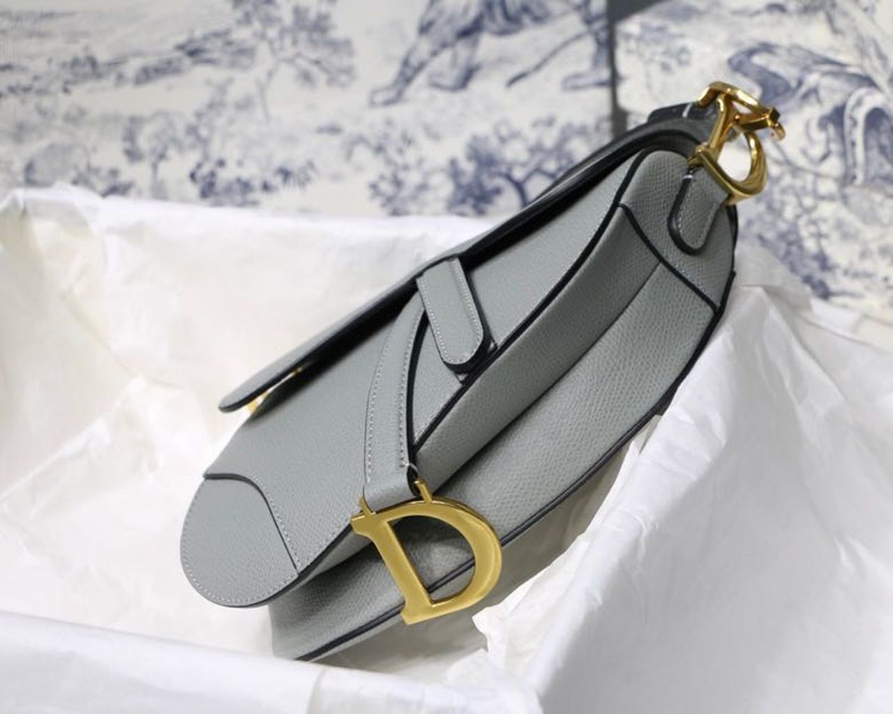 Christian Dior Saddle Bag Light Blue Grained Gold Toned Hardware Canvas For Women 19.5cm/7.6in CD - Soul Replicas