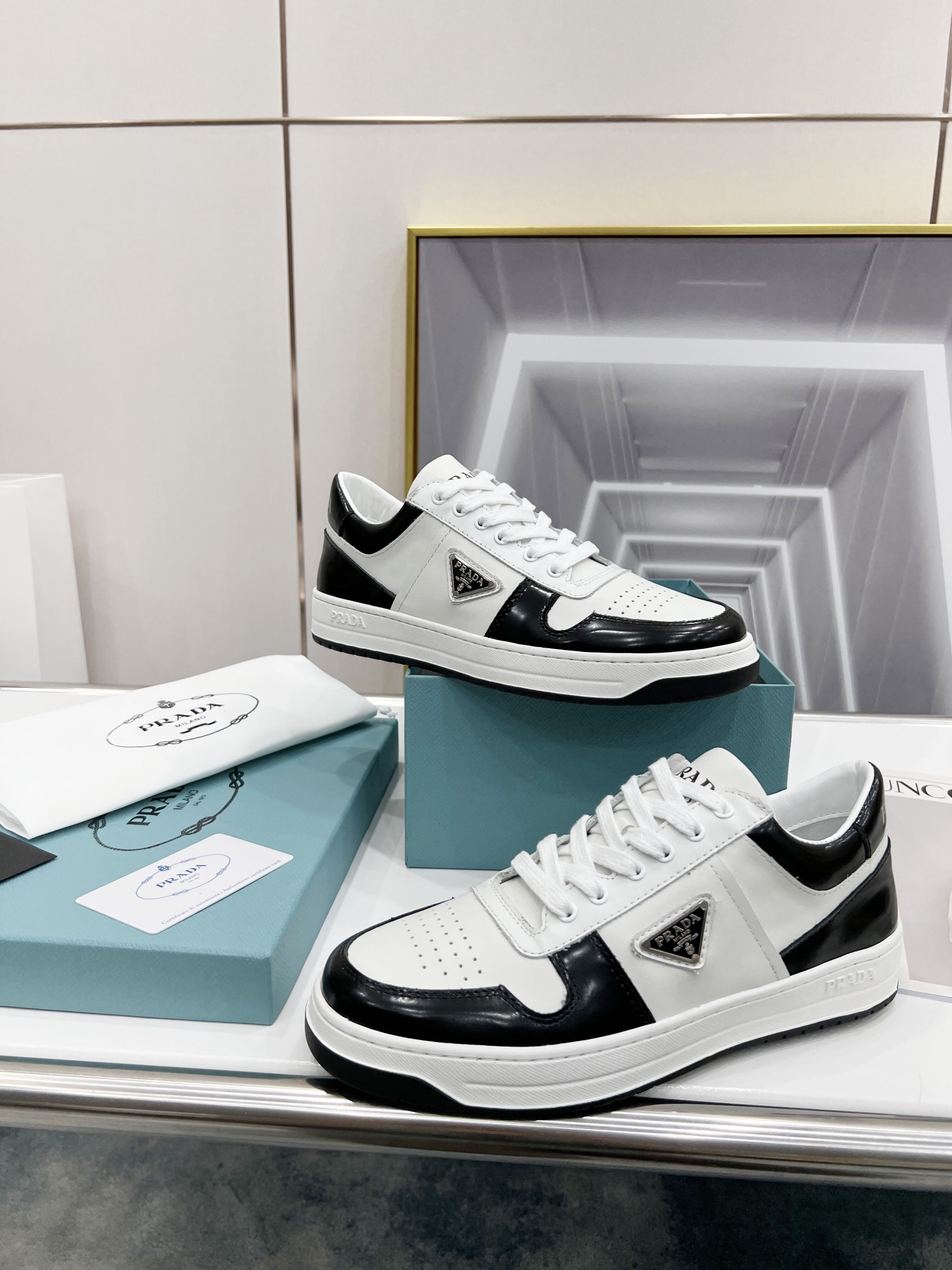 Prada Downtown Perforated Sneakers Black/White For Women 1.2in/30mm Prada 2EE364_3LKG_F0964 - Soul Replicas