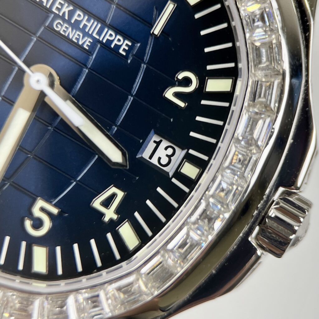 Patek Philippe Replica Watch Aquanaut 5168G Custom Moissanite Baguette Diamonds Blue Dial 42.2mm - Soul Replicas