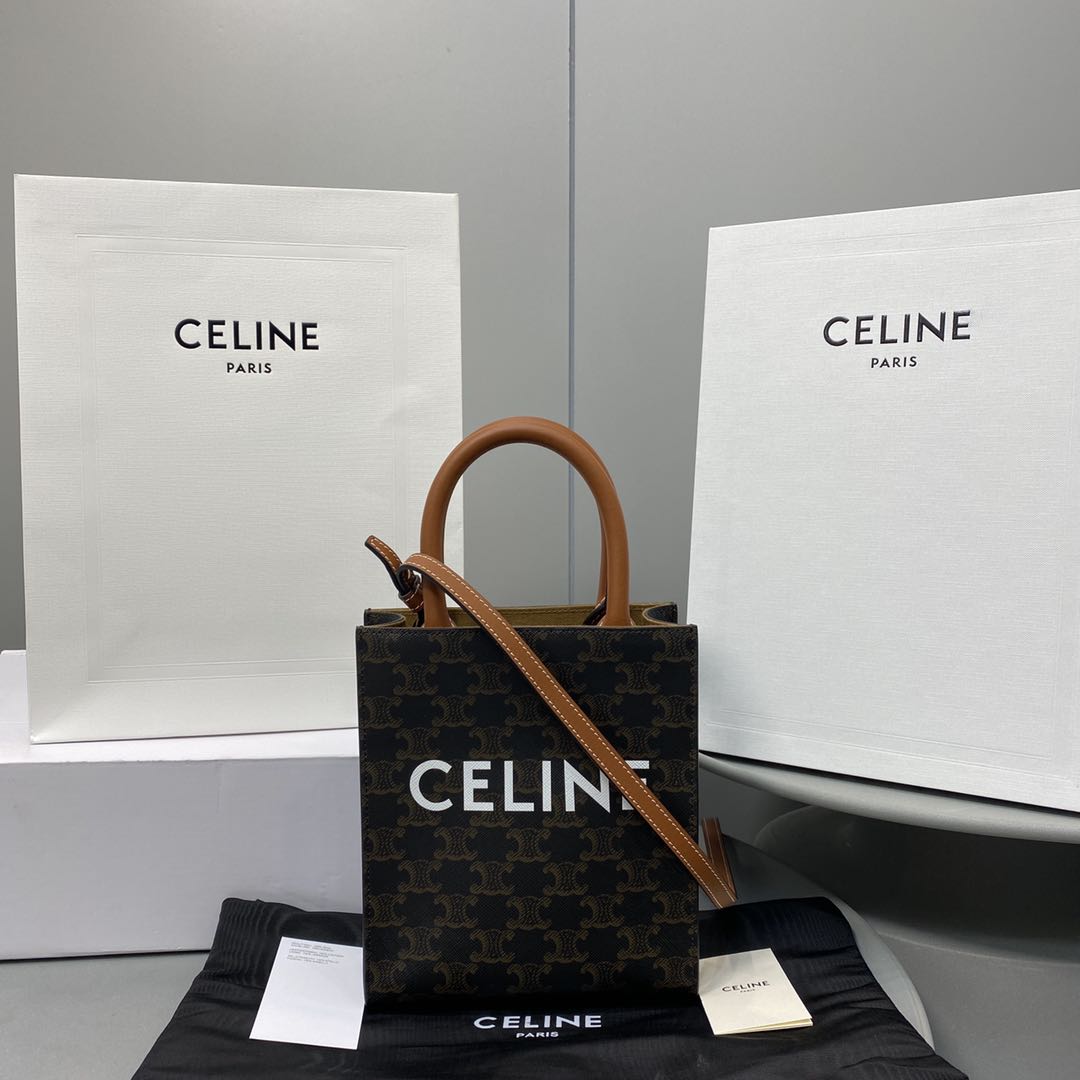 Celine Mini Vertical Cabas In Triomphe Canvas Brown For Women 7.2in/18cm 194372BZK.04LU - Soul Replicas
