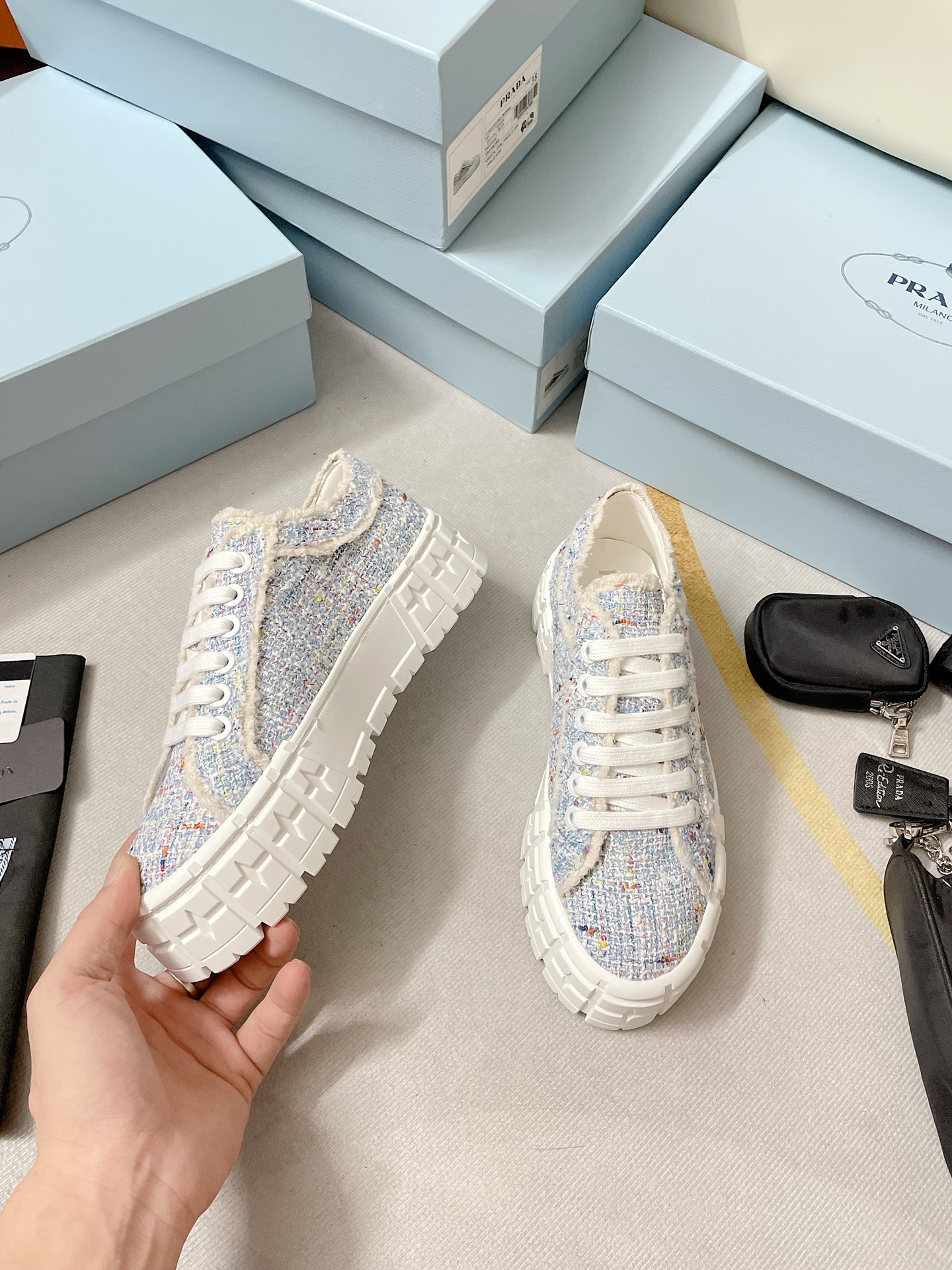 Prada Double Wheel Gabardine Sneakers Light Blue For Women 2in/50mm Prada - Soul Replicas