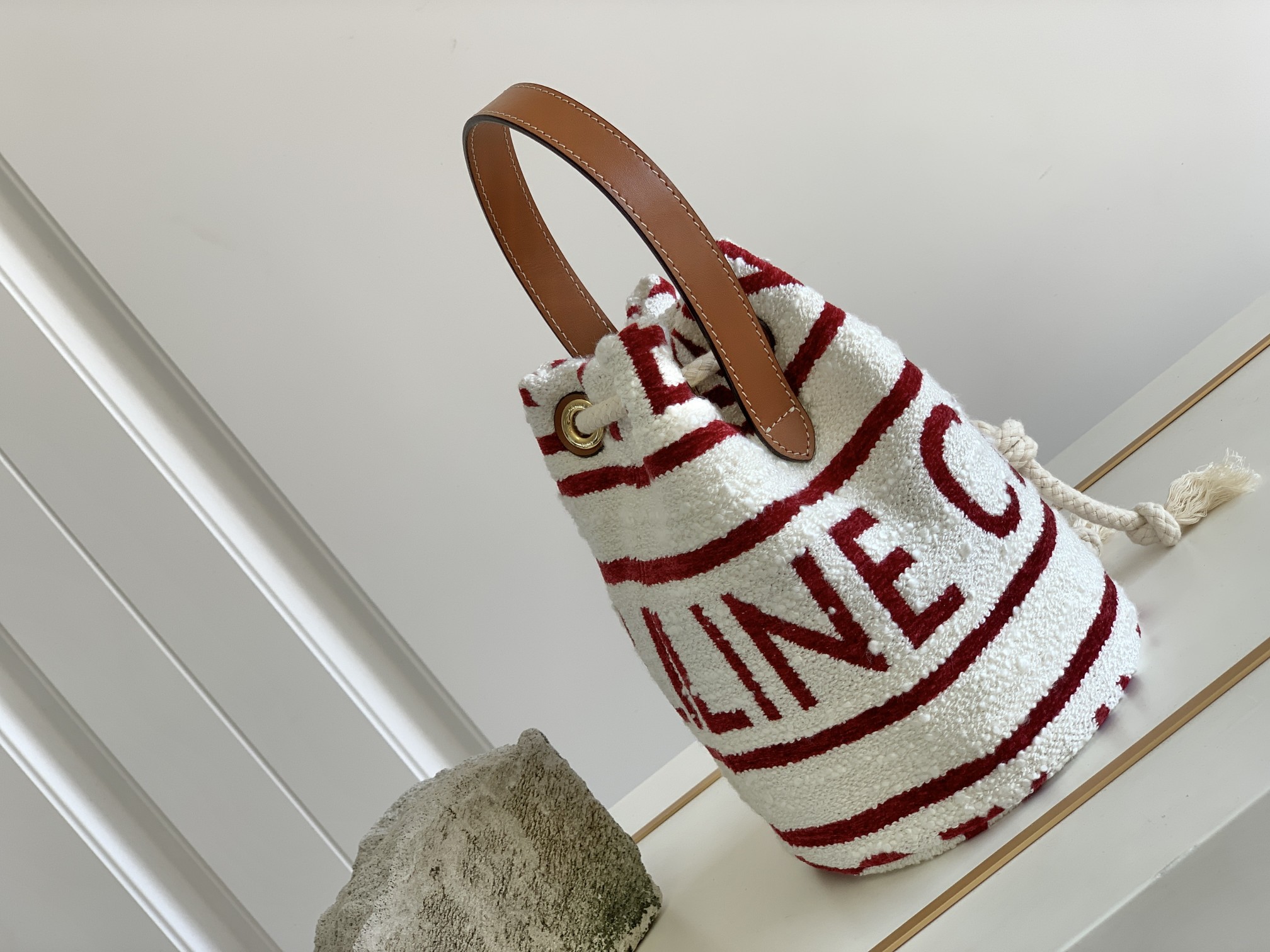 Celine Teen Drawstring In Textile With Celine All-Over White/Red For Women 7in/19cm - Soul Replicas