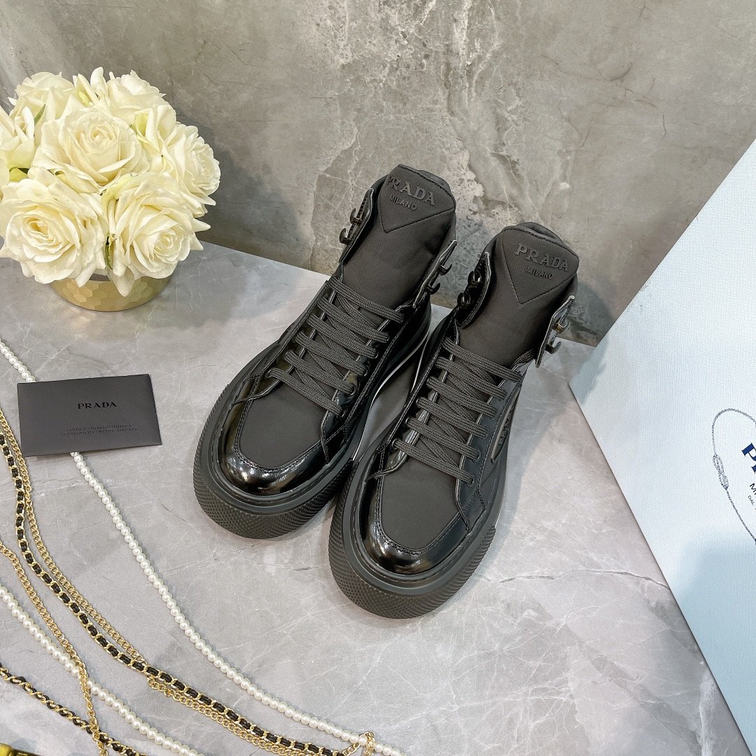 Prada Macro Re-Nylon And Brushed High-Top Sneakers Black For Women 1.8in/45mm Prada 1T642M_3LF5_F0632_F_B045 - Soul Replicas