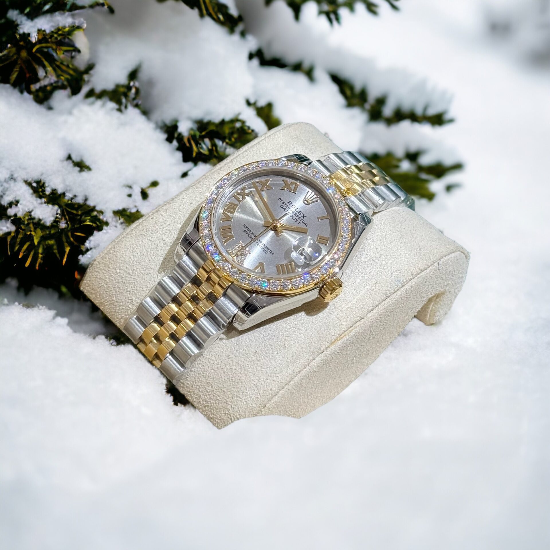 Rolex DateJust Replica Watch With Moissanite Diamonds Demi Gold 31mm - Soul Replicas