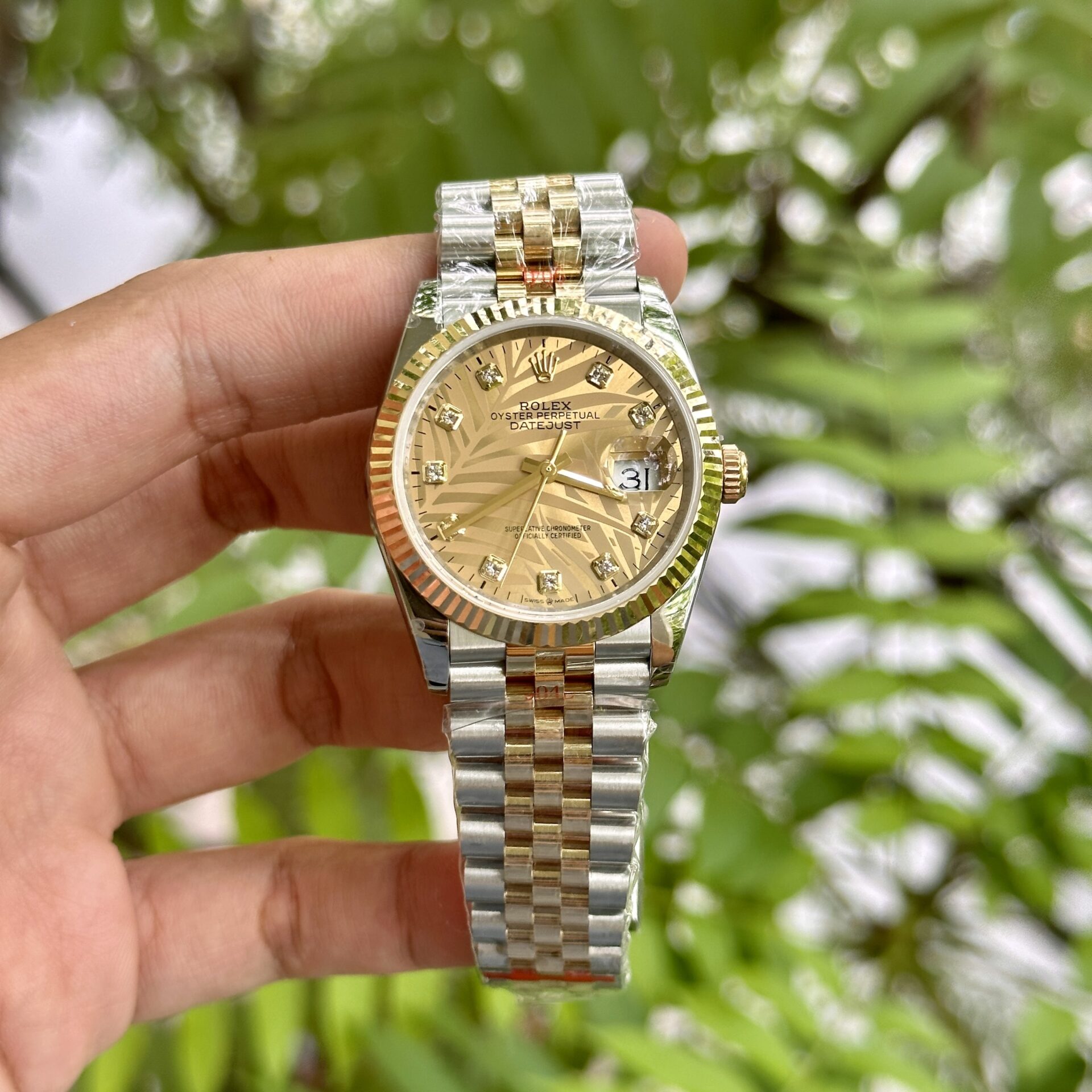 Rolex DateJust 18K Gold Wrapped Replica Watch Palm Leaf Dial GM 36mm - Soul Replicas