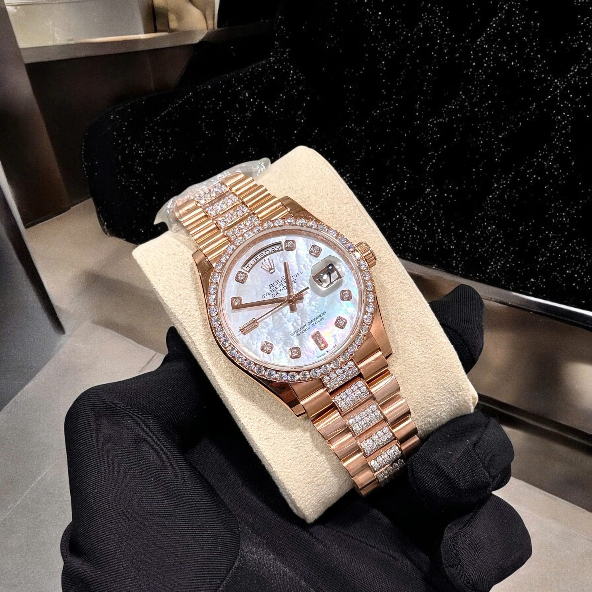 Rolex Day-Date Replica Watch Gold Wrapped Moissanite Diamonds Hong Kong 36mm - Soul Replicas