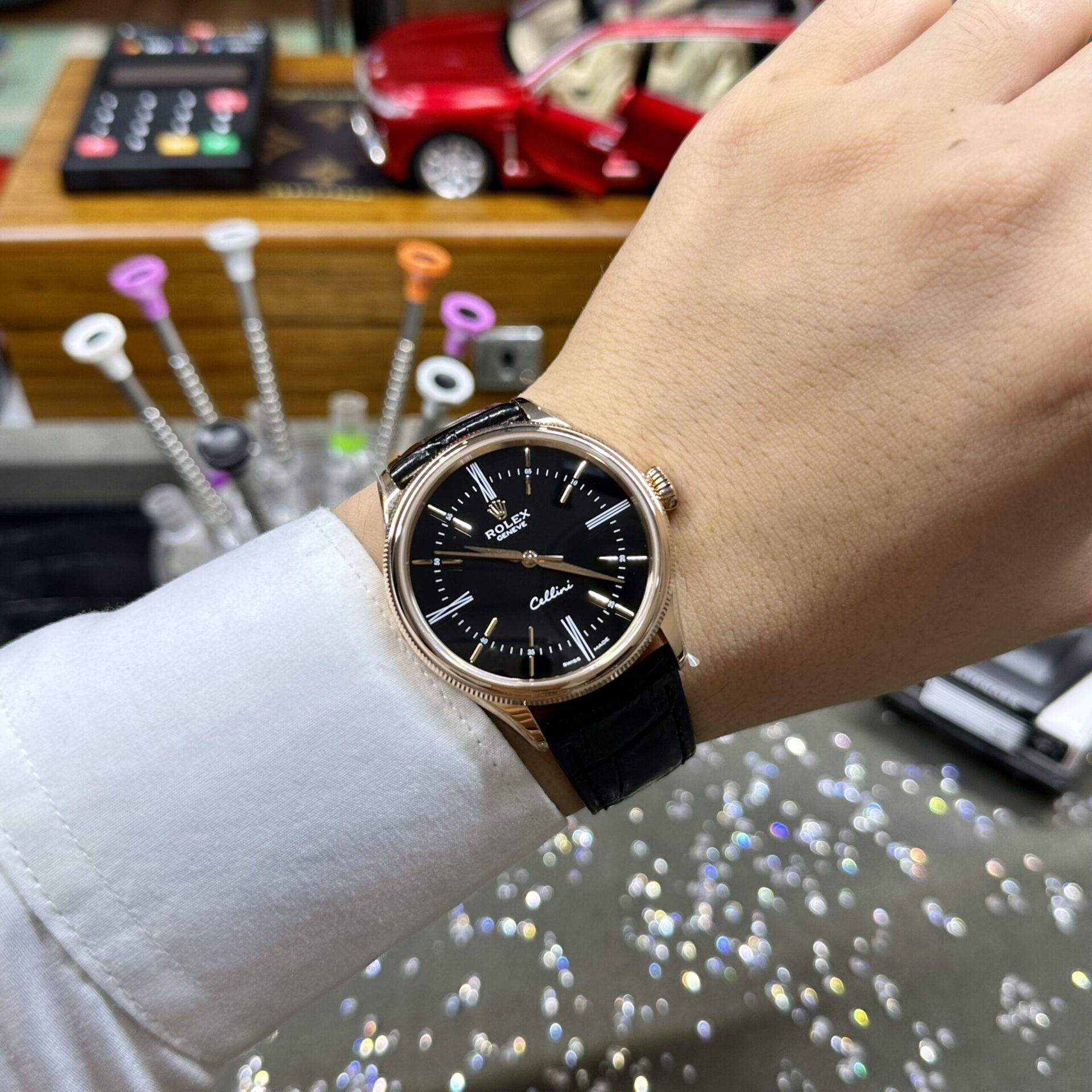 Rolex Replica Watch Cellini Time 50505 Black Dial Leather Strap 39mm - Soul Replicas