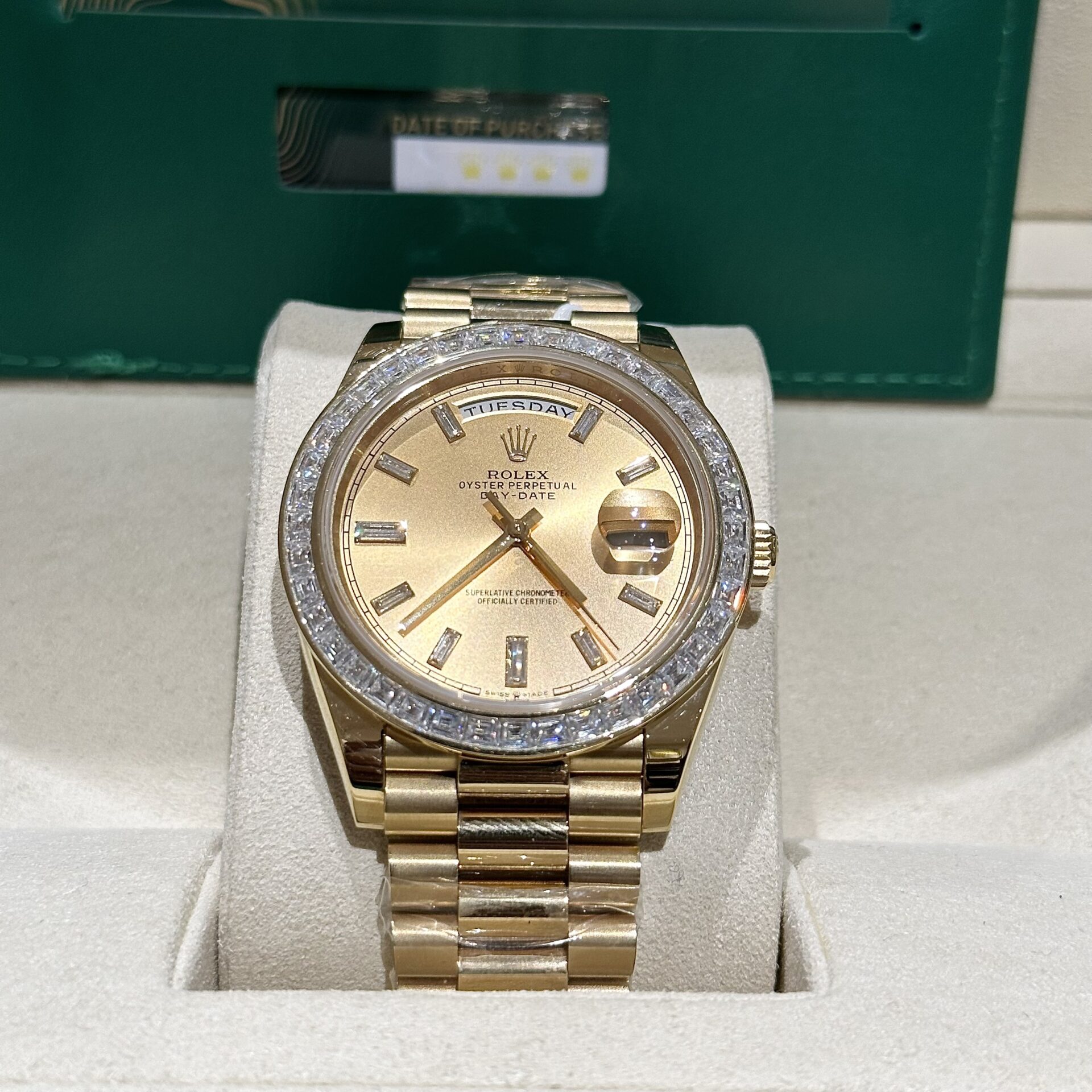 Rolex Day-Date Replica Watch Gold Wrapped Moissanite Baguette Diamond 40mm - Soul Replicas