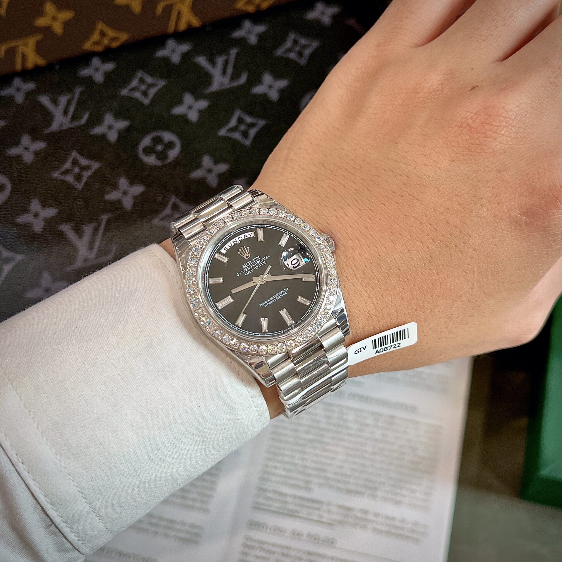 Rolex Day-Date Replica Watch Black Dial Custom Moissanite Diamonds 40mm - Soul Replicas