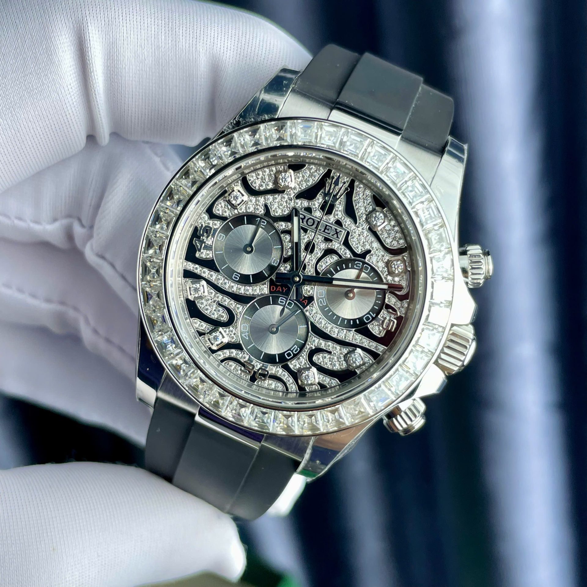 Rolex Cosmograph Daytona Eye Of The Tiger Replica Watch Custom Moissanite Baguette Diamonds 40mm - Soul Replicas