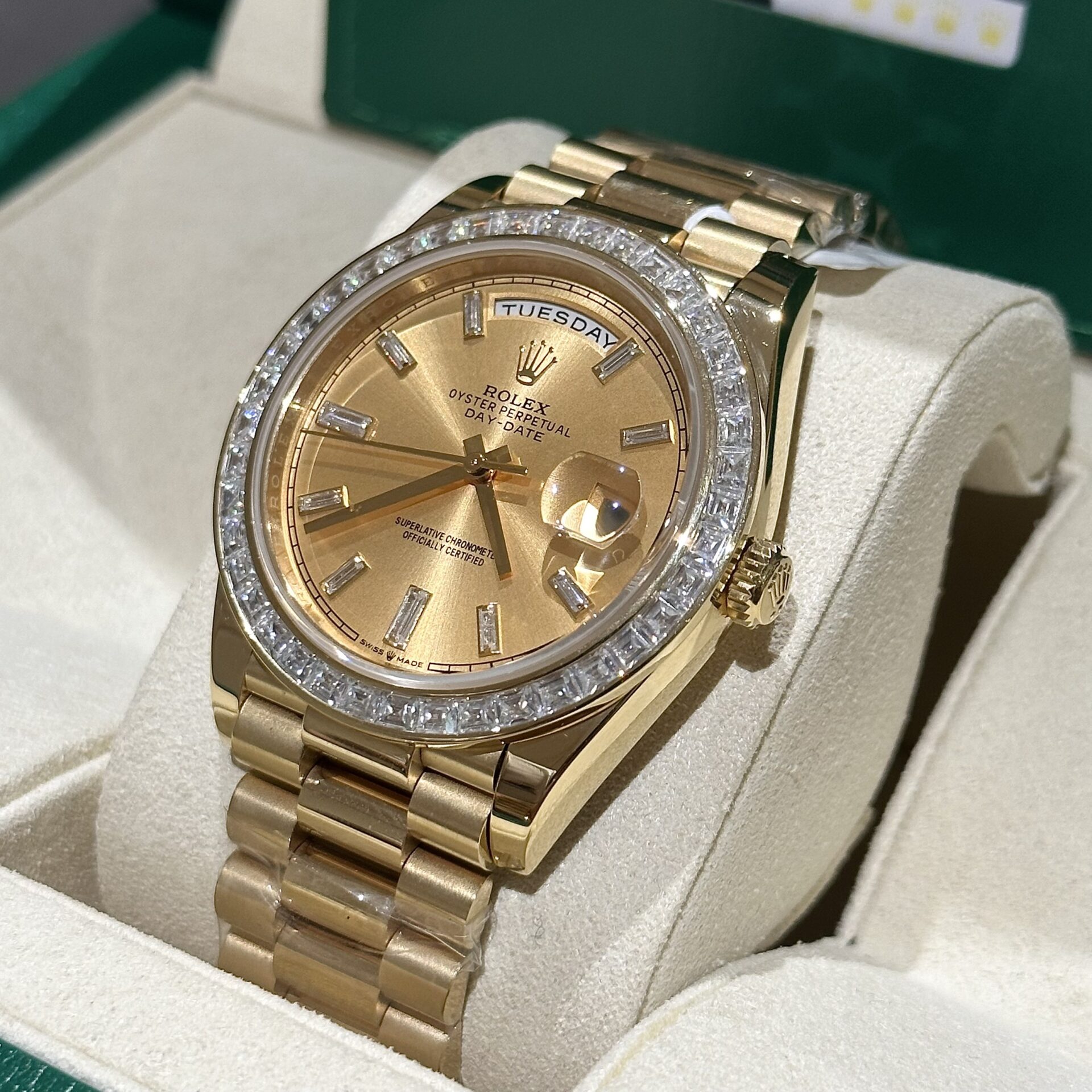 Rolex Day-Date Replica Watch Gold Wrapped Moissanite Baguette Diamond 40mm - Soul Replicas