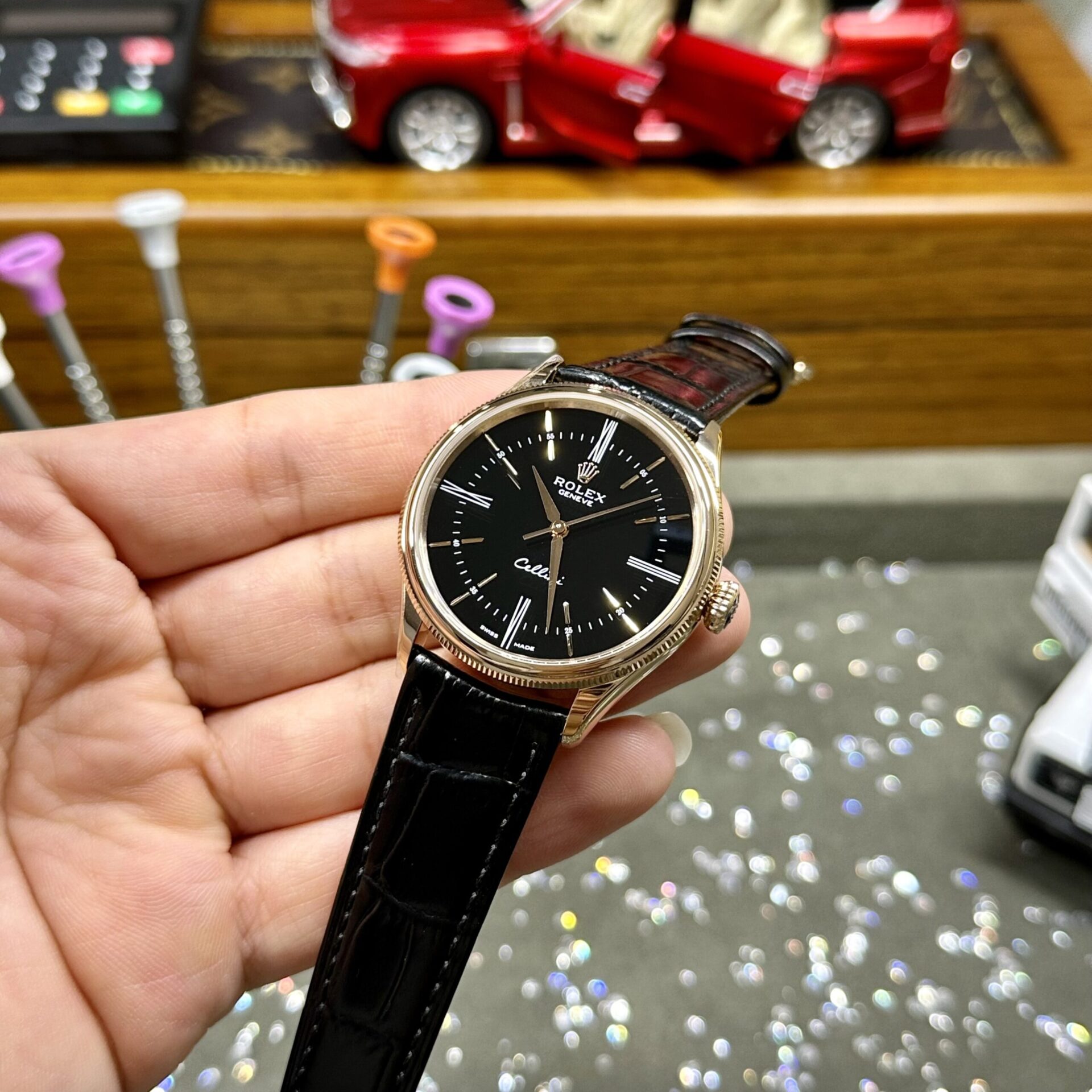 Rolex Replica Watch Cellini Time 50505 Black Dial Leather Strap 39mm - Soul Replicas