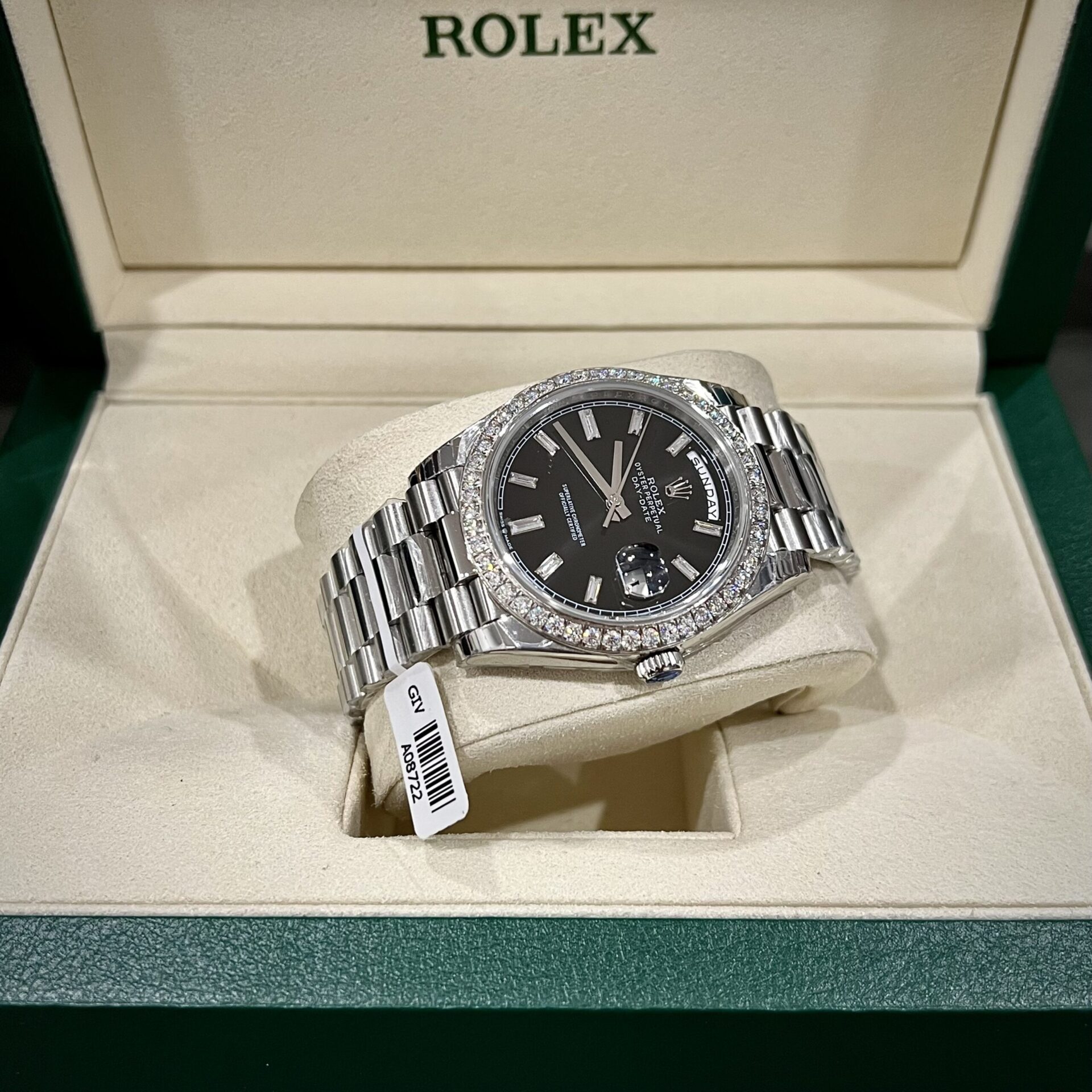Rolex Day-Date Replica Watch Black Dial Custom Moissanite Diamonds 40mm - Soul Replicas
