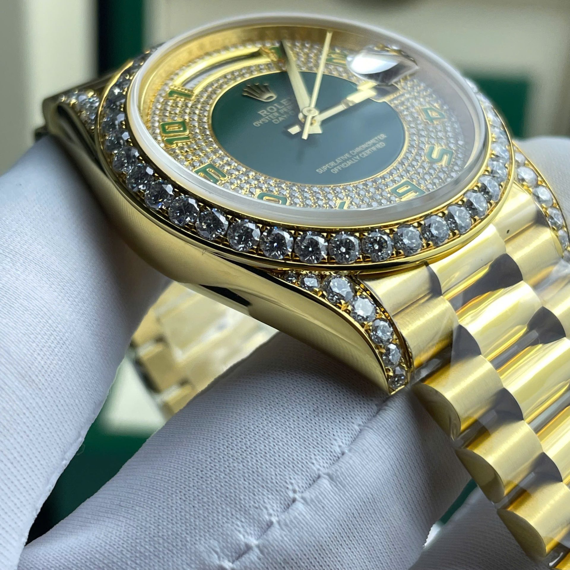 Rolex Day-Date Replica Watch Gold Wrapped + Moissanite Diamonds Weight 173 Gram 40mm - Soul Replicas