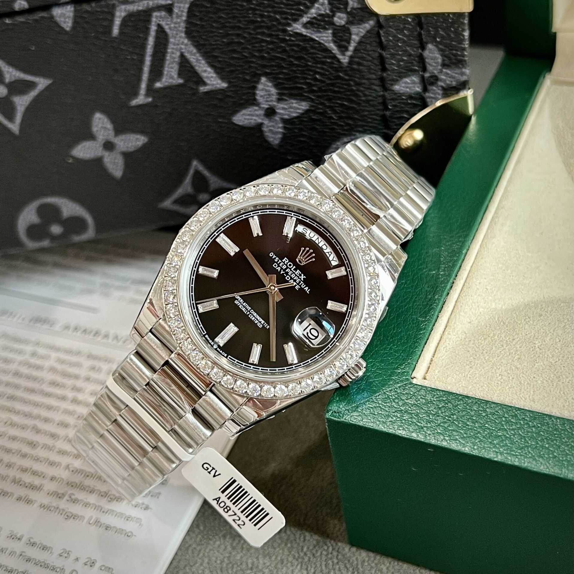 Rolex Day-Date Replica Watch Black Dial Custom Moissanite Diamonds 40mm - Soul Replicas