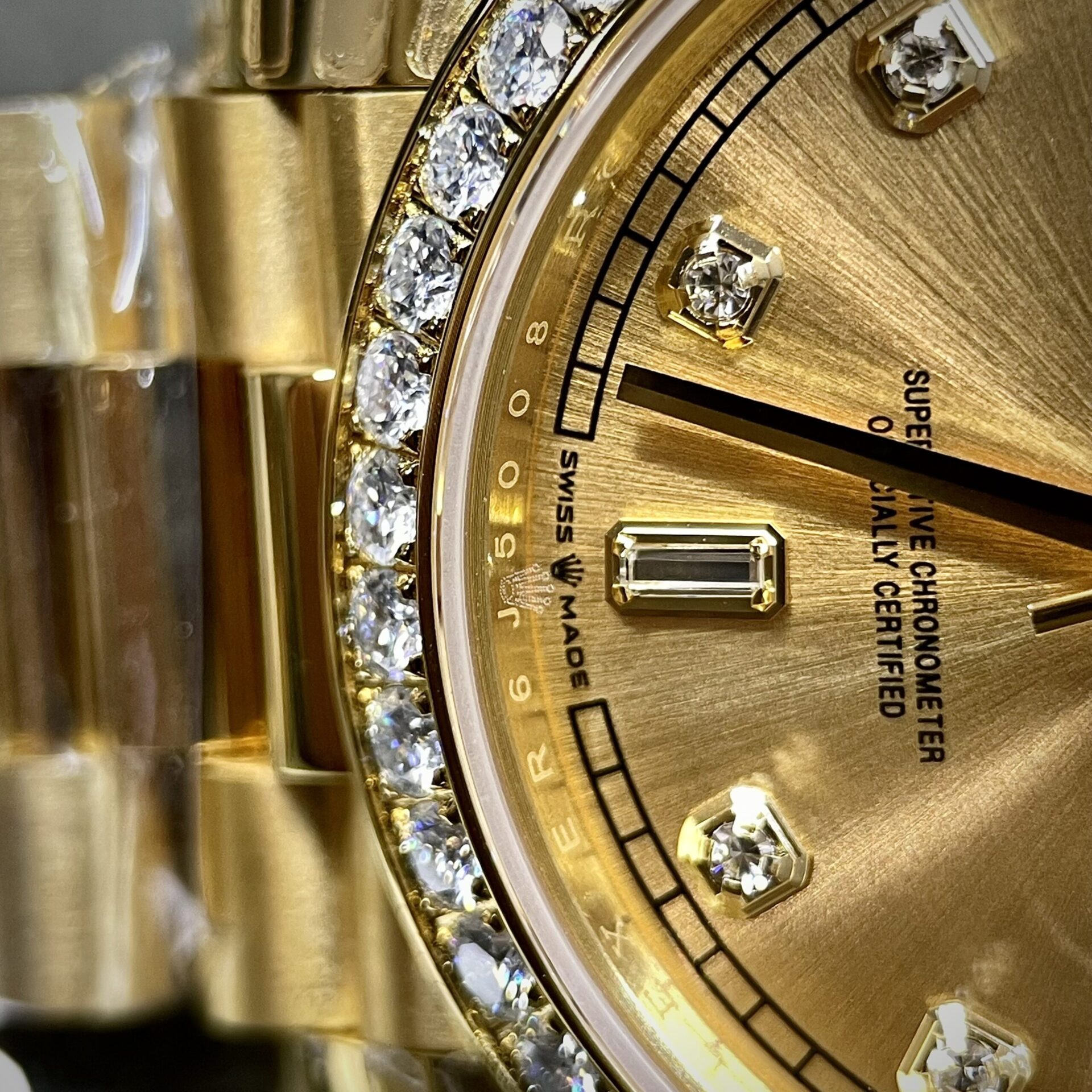 Rolex Fake Watch Day-Date Yellow Dial Custom Moissanite Diamonds 40mm - Soul Replicas