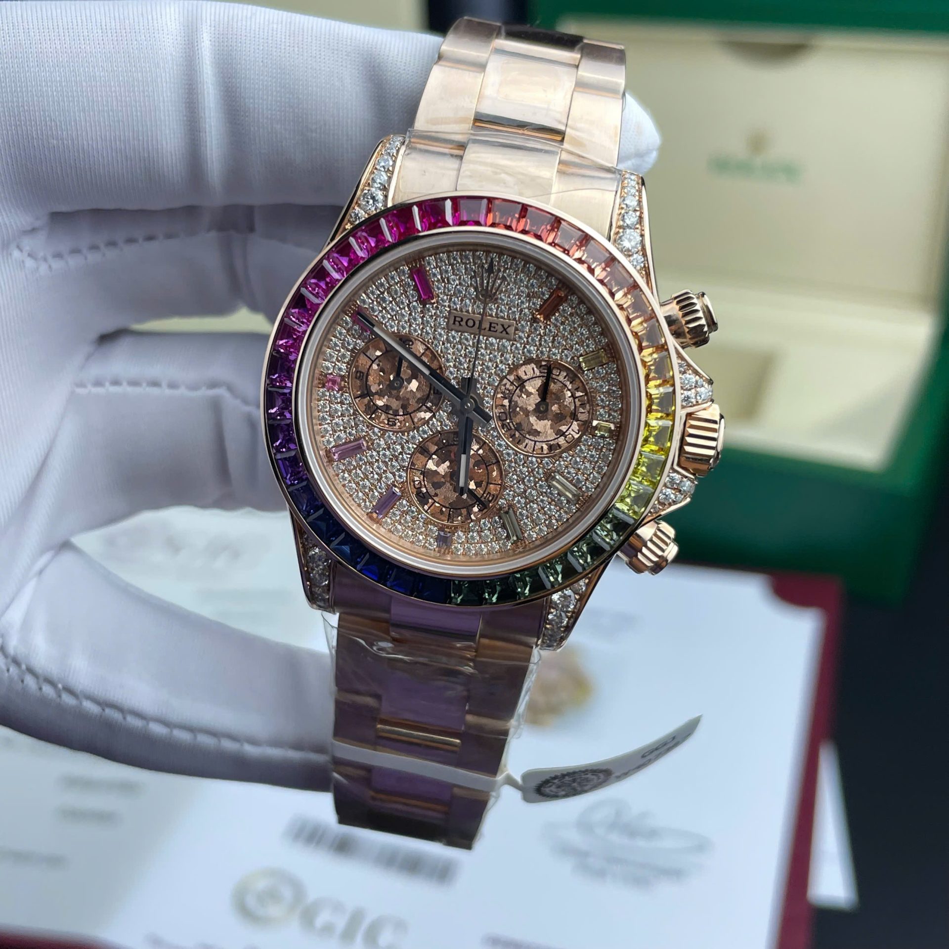 Rolex Daytona Rainbow 116595 Best Replica Watch Gold Wrapped + Moissanite Diamonds 40mm - Soul Replicas