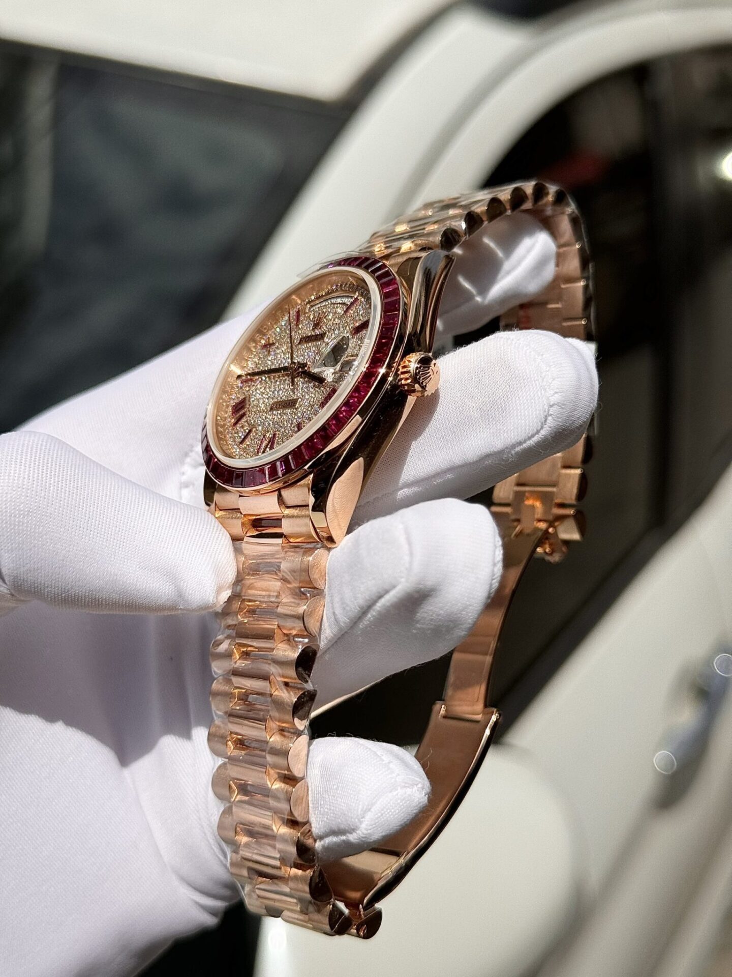 Rolex Best Replica Watch Day-Date Custom Ruby Red & Baguette Moissanite Diamonds GM Factory 40mm - Soul Replicas