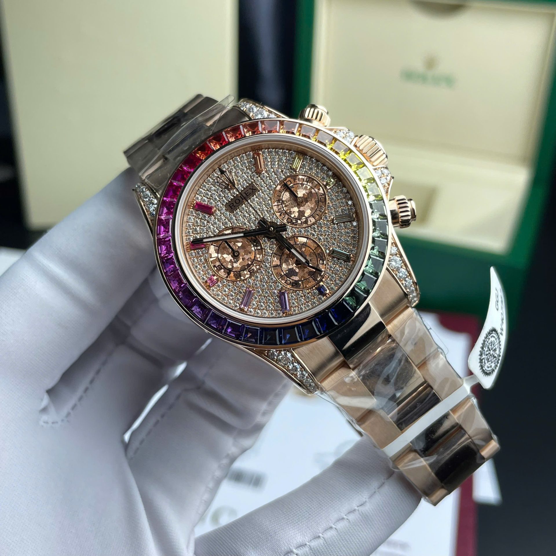 Rolex Daytona Rainbow 116595 Best Replica Watch Gold Wrapped + Moissanite Diamonds 40mm - Soul Replicas