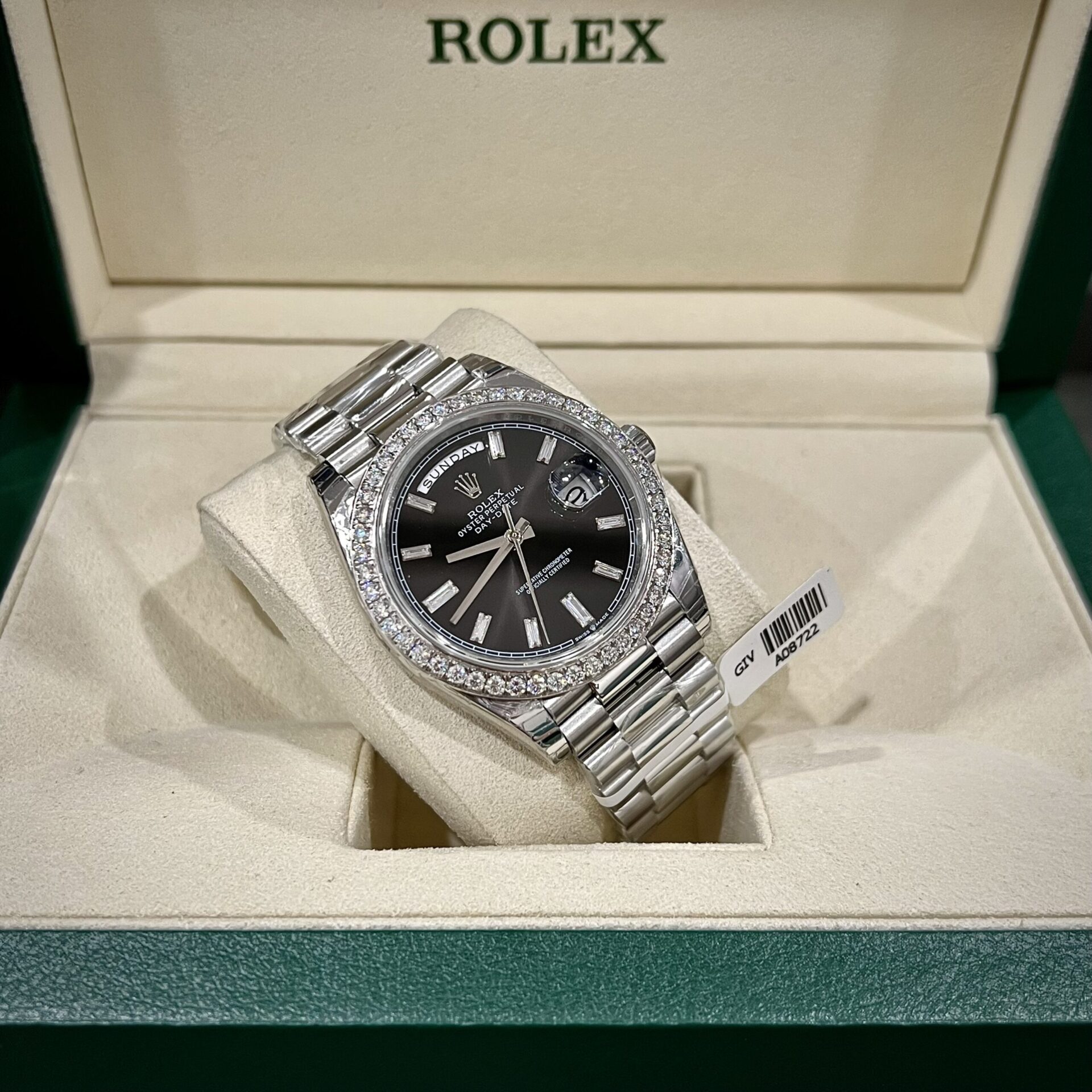 Rolex Day-Date Replica Watch Black Dial Custom Moissanite Diamonds 40mm - Soul Replicas