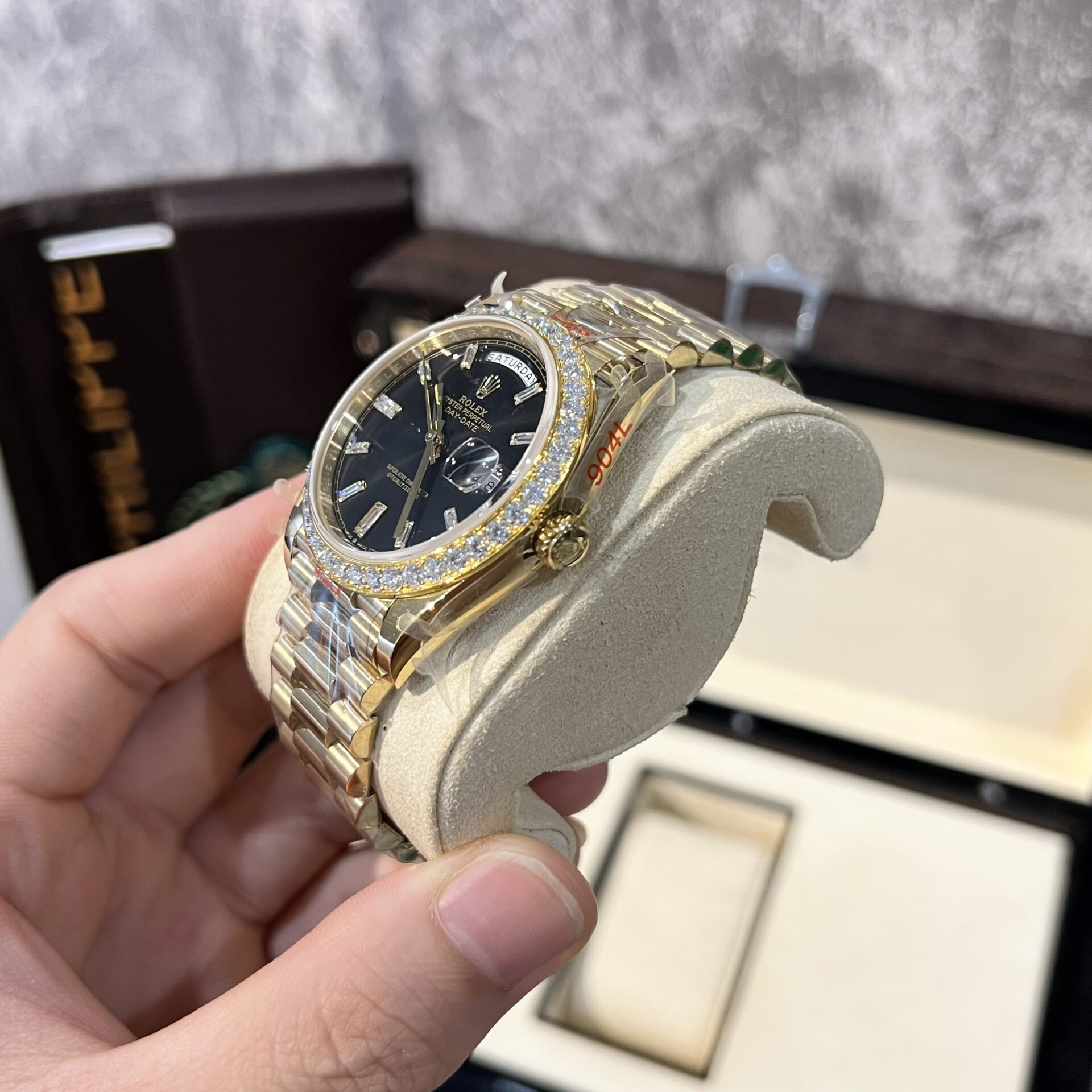 Rolex Day-Date 228238 Replica Watch Black Dial Refined Moissanite Diamond 40mm - Soul Replicas