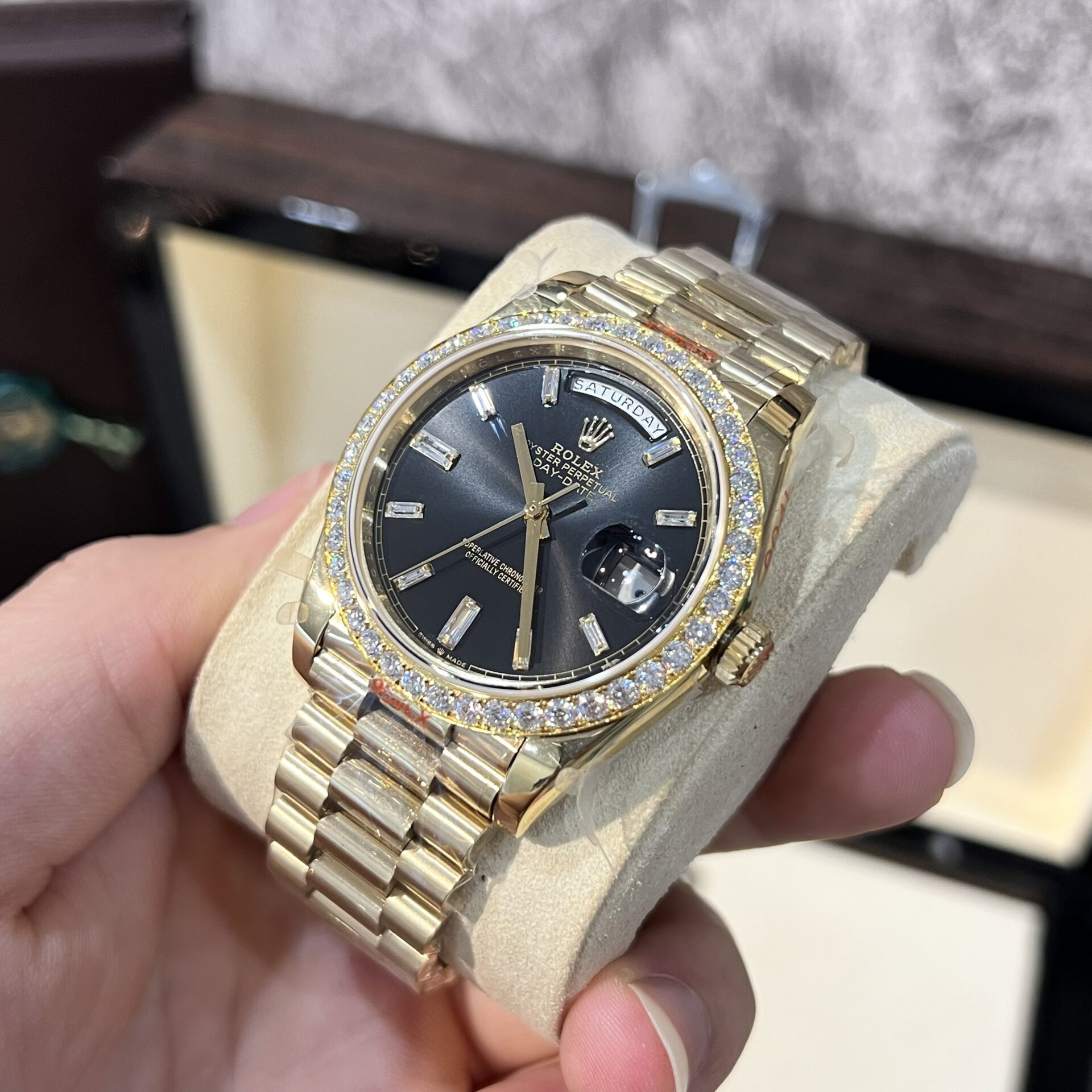 Rolex Day-Date 228238 Replica Watch Black Dial Refined Moissanite Diamond 40mm - Soul Replicas