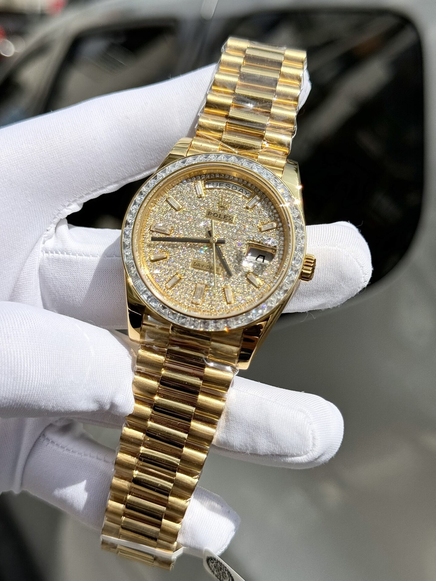 Rolex Day-Date Replica Watch Diamond Moissanite Baguette Gold Wrapped 40mm - Soul Replicas