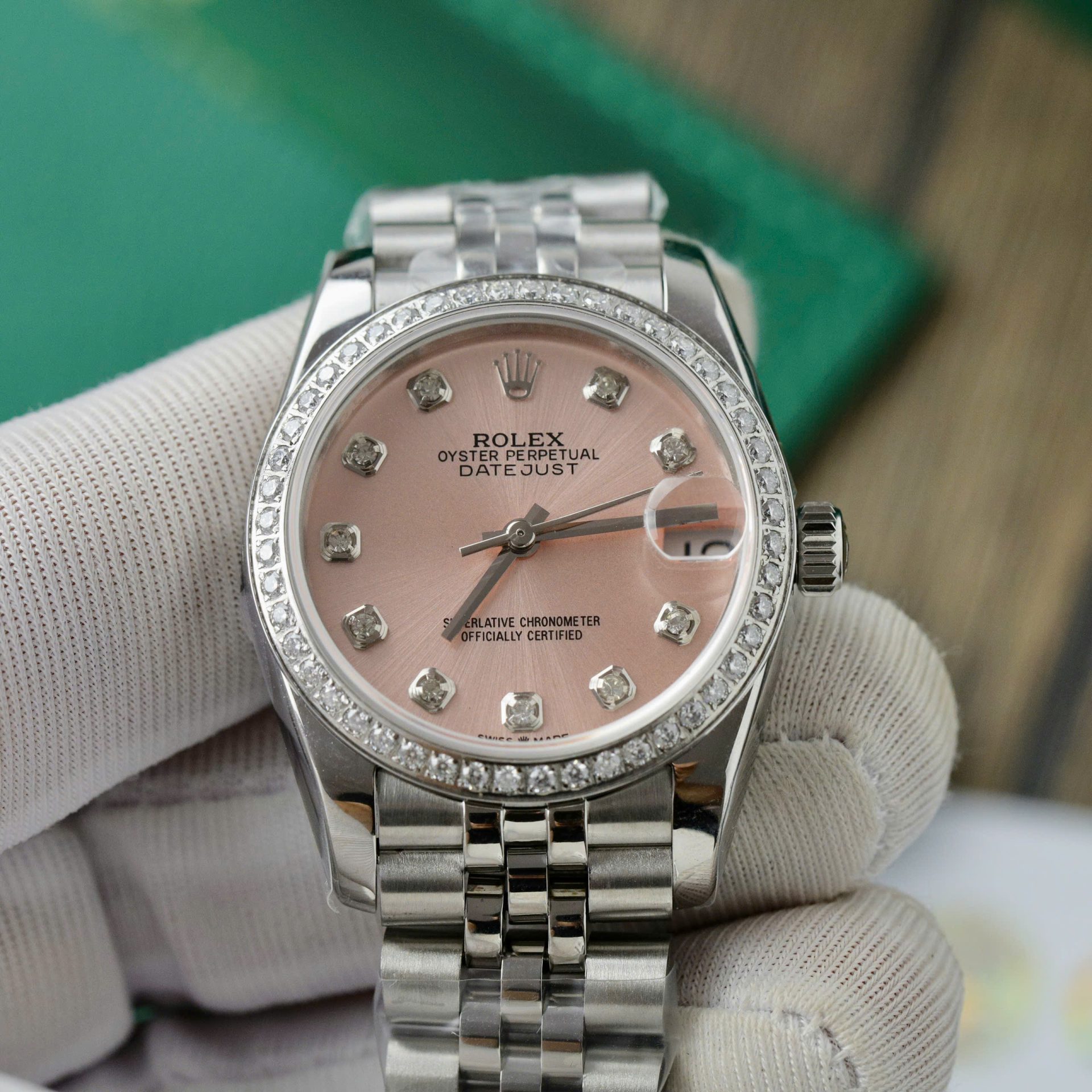 Rolex DateJust Replica Watch Womens Pink Dial Custom Moissanite Diamonds 31mm - Soul Replicas