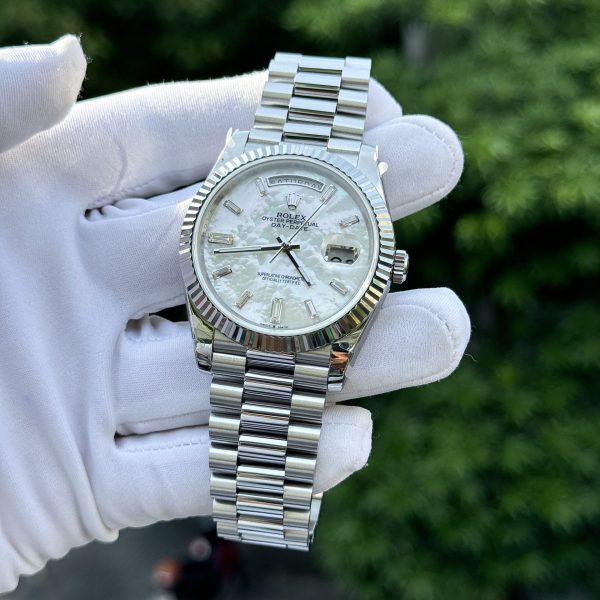 Rolex Day-Date Replica Watch Custom Mother Of Pearl & Moissanite Diamonds Baguetee 40mm - Soul Replicas