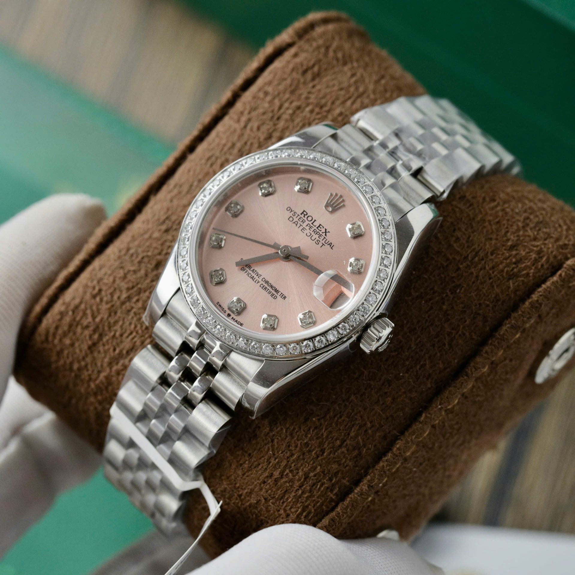 Rolex DateJust Replica Watch Womens Pink Dial Custom Moissanite Diamonds 31mm - Soul Replicas