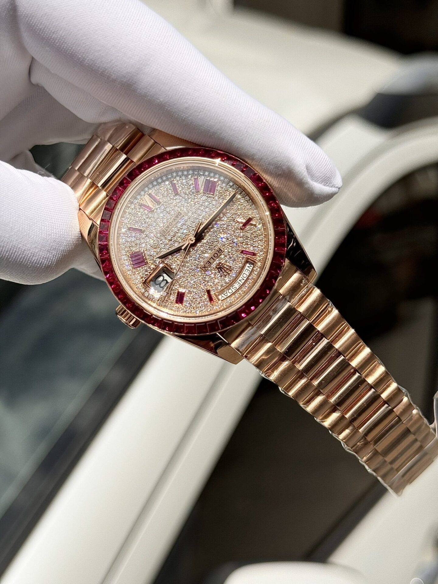 Rolex Best Replica Watch Day-Date Custom Ruby Red & Baguette Moissanite Diamonds GM Factory 40mm - Soul Replicas