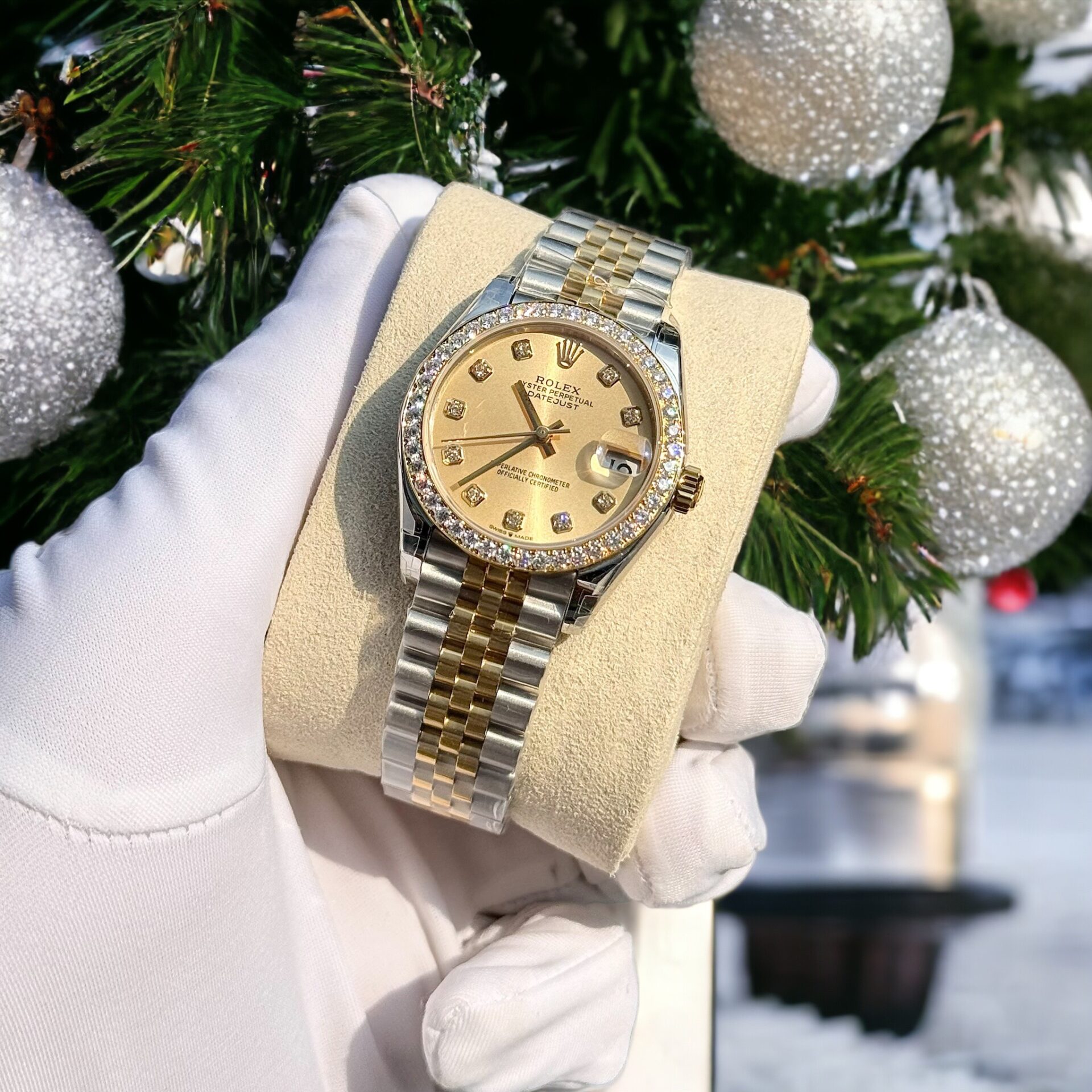 Rolex DateJust Replica Watch With Moissanite Diamonds Yellow Dial 31mm - Soul Replicas