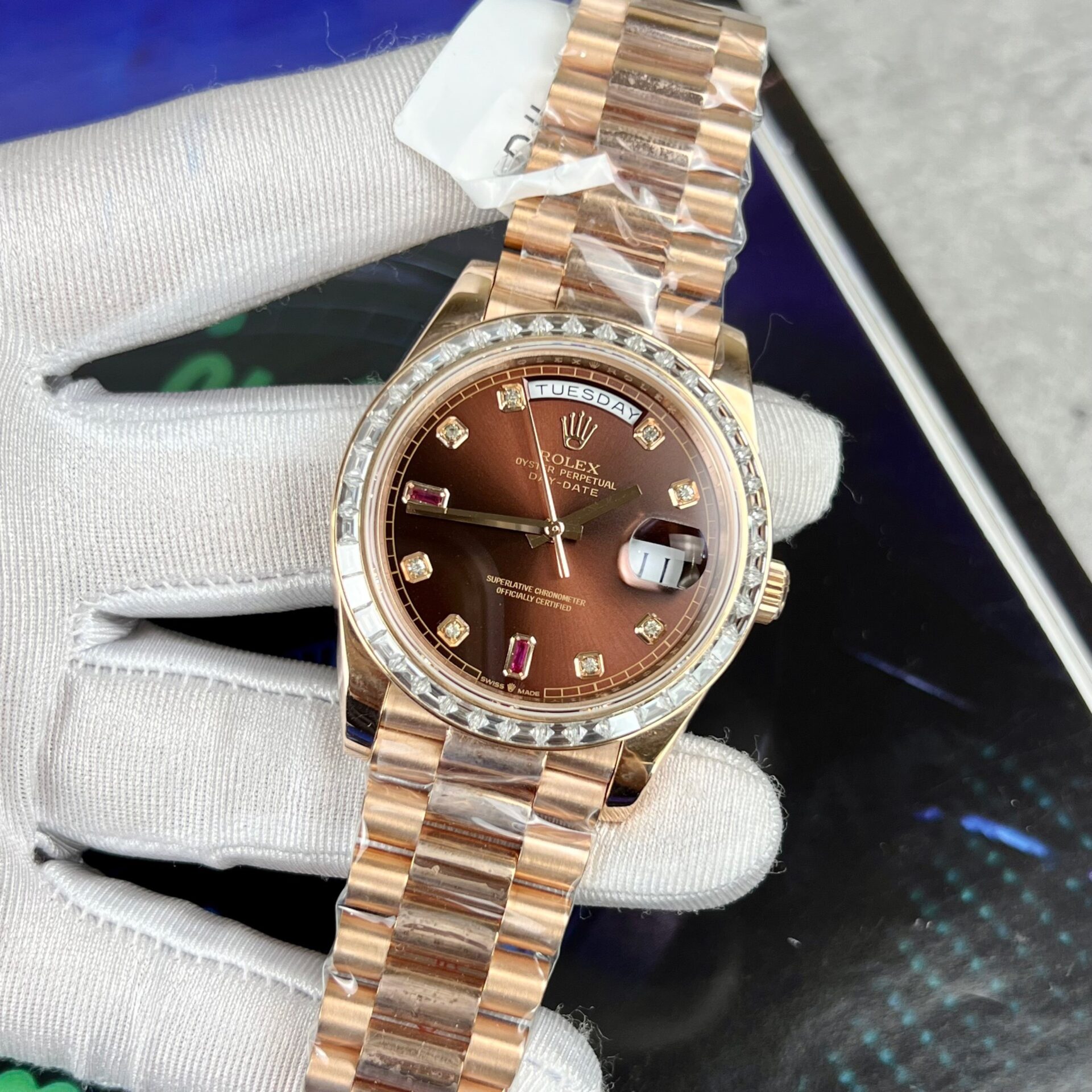 Rolex Day-Date Gold Wrapped Replica Watch With Moissanite Ruby Red Diamond 40mm - Soul Replicas