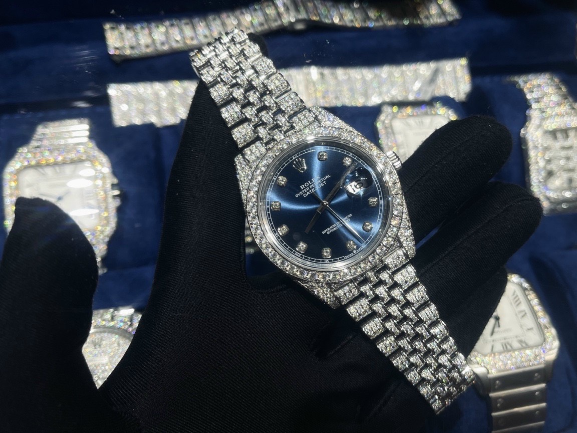 Rolex Best Replica Watch DateJust Dial Blue Custom Full Diamonds Moissanite 41mm - Soul Replicas