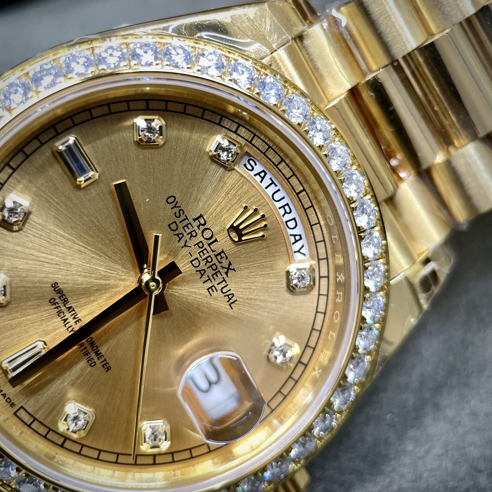Rolex Fake Watch Day-Date Yellow Dial Custom Moissanite Diamonds 40mm - Soul Replicas