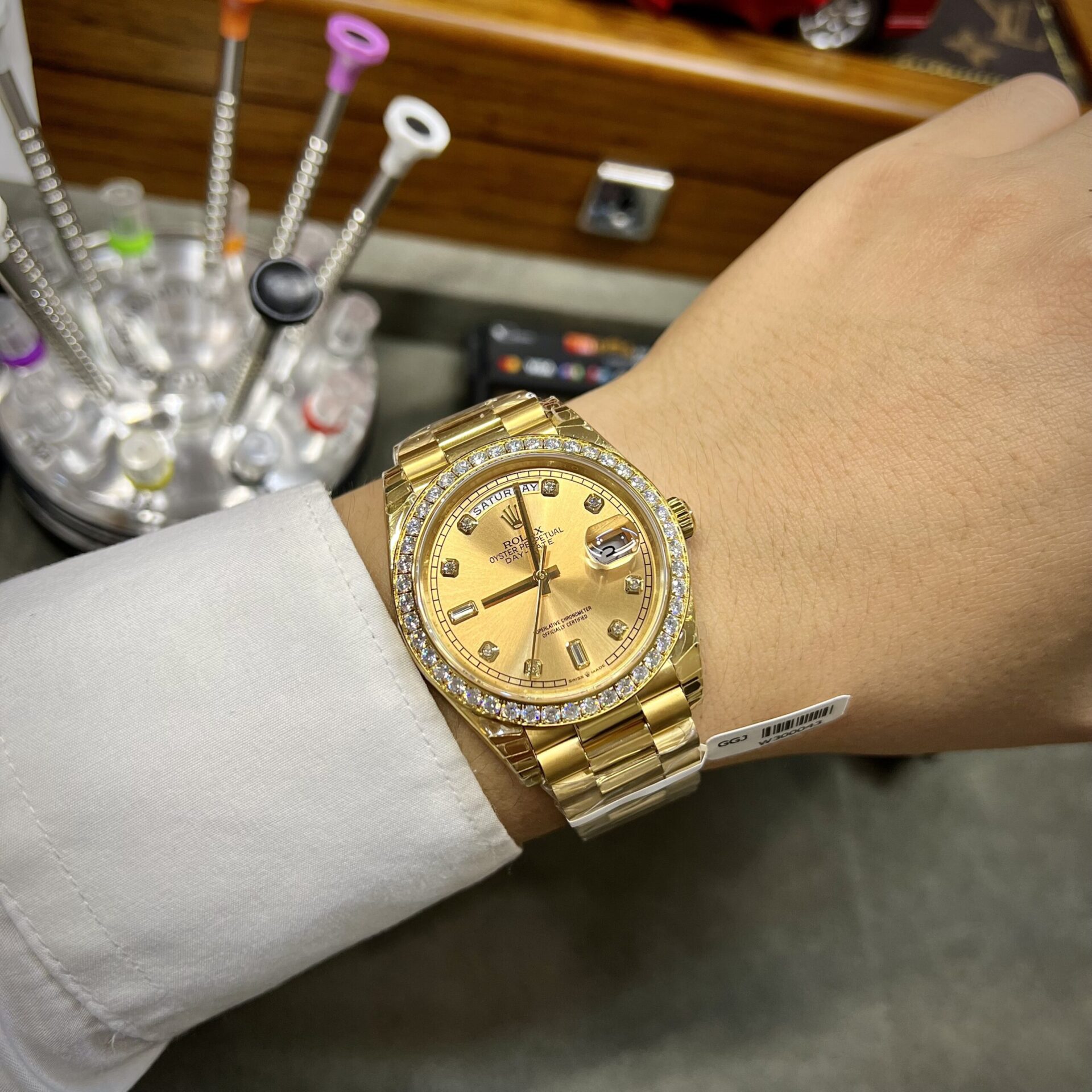 Rolex Fake Watch Day-Date Yellow Dial Custom Moissanite Diamonds 40mm - Soul Replicas
