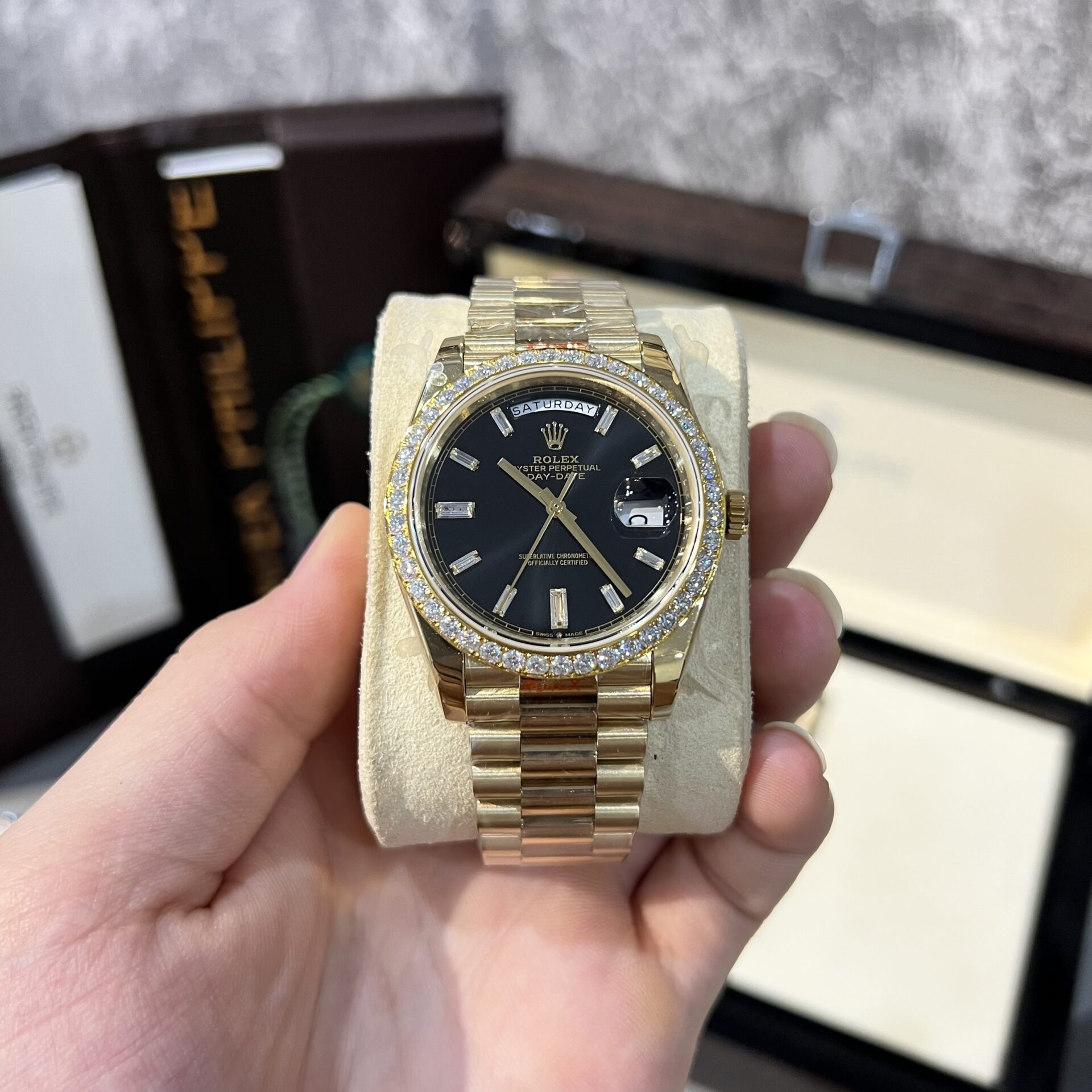 Rolex Day-Date 228238 Replica Watch Black Dial Refined Moissanite Diamond 40mm - Soul Replicas