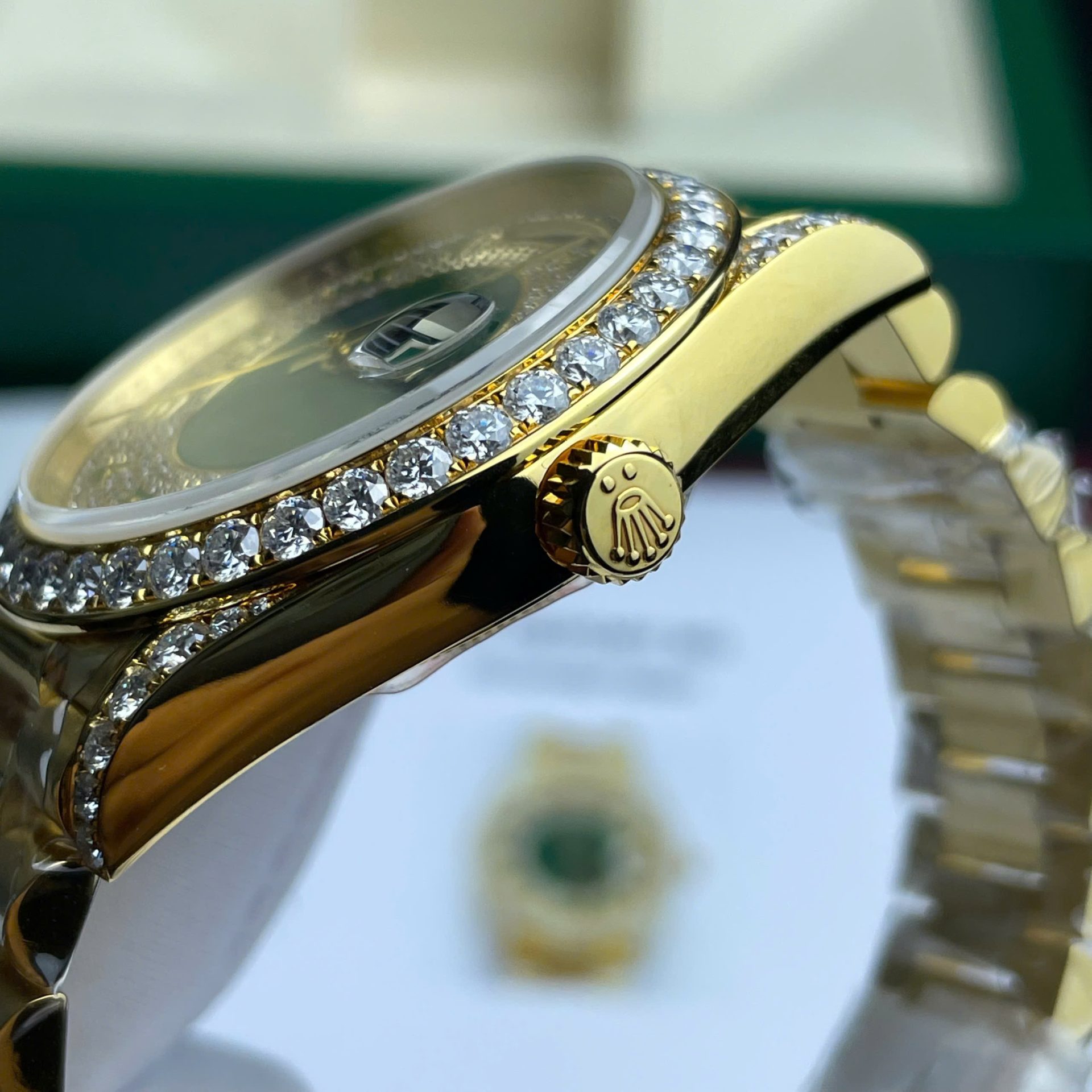Rolex Day-Date Replica Watch Gold Wrapped + Moissanite Diamonds Weight 173 Gram 40mm - Soul Replicas