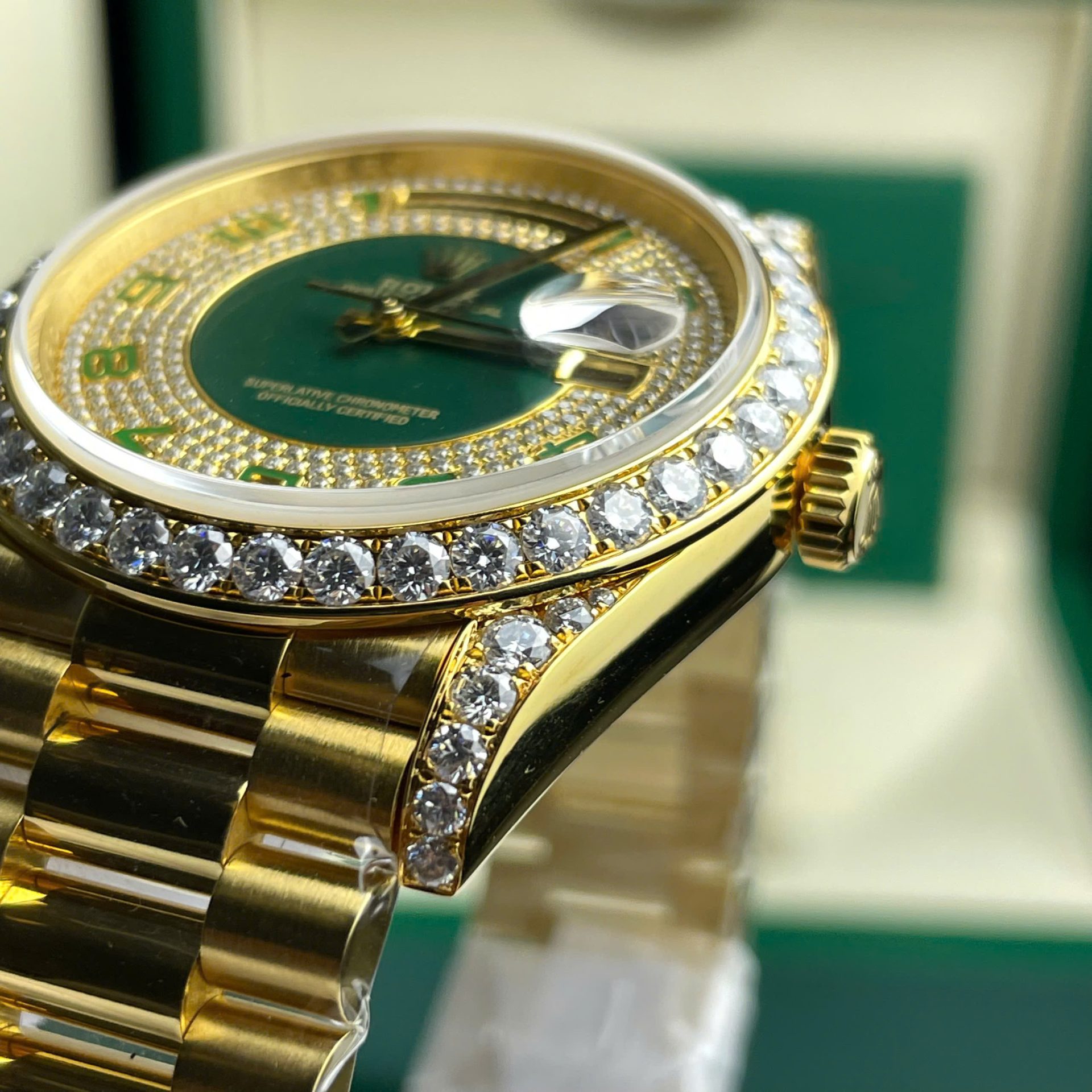 Rolex Day-Date Replica Watch Gold Wrapped + Moissanite Diamonds Weight 173 Gram 40mm - Soul Replicas