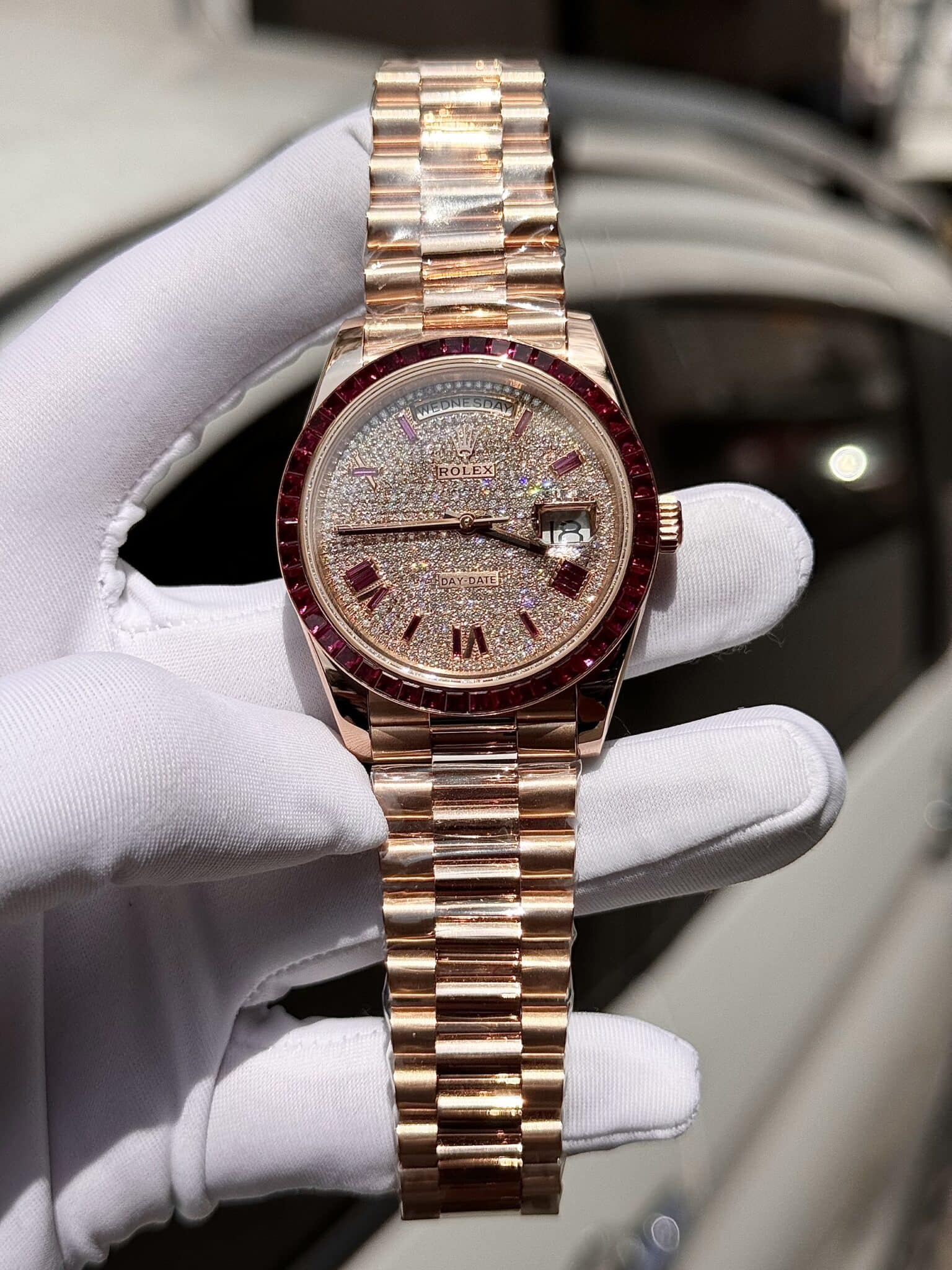 Rolex Best Replica Watch Day-Date Custom Ruby Red & Baguette Moissanite Diamonds GM Factory 40mm - Soul Replicas