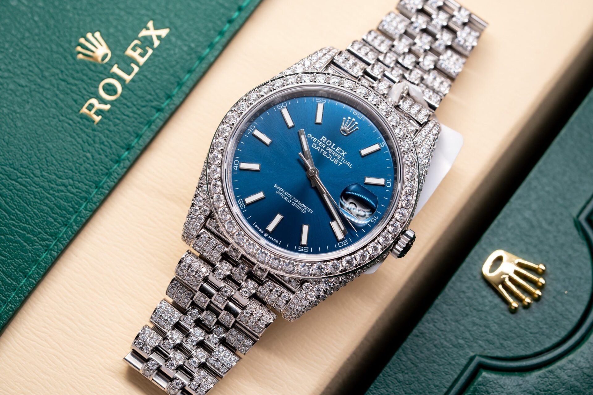 Rolex DateJust 126334 Replica Watch Blue Dial Full Diamond Moissanite 41mm - Soul Replicas