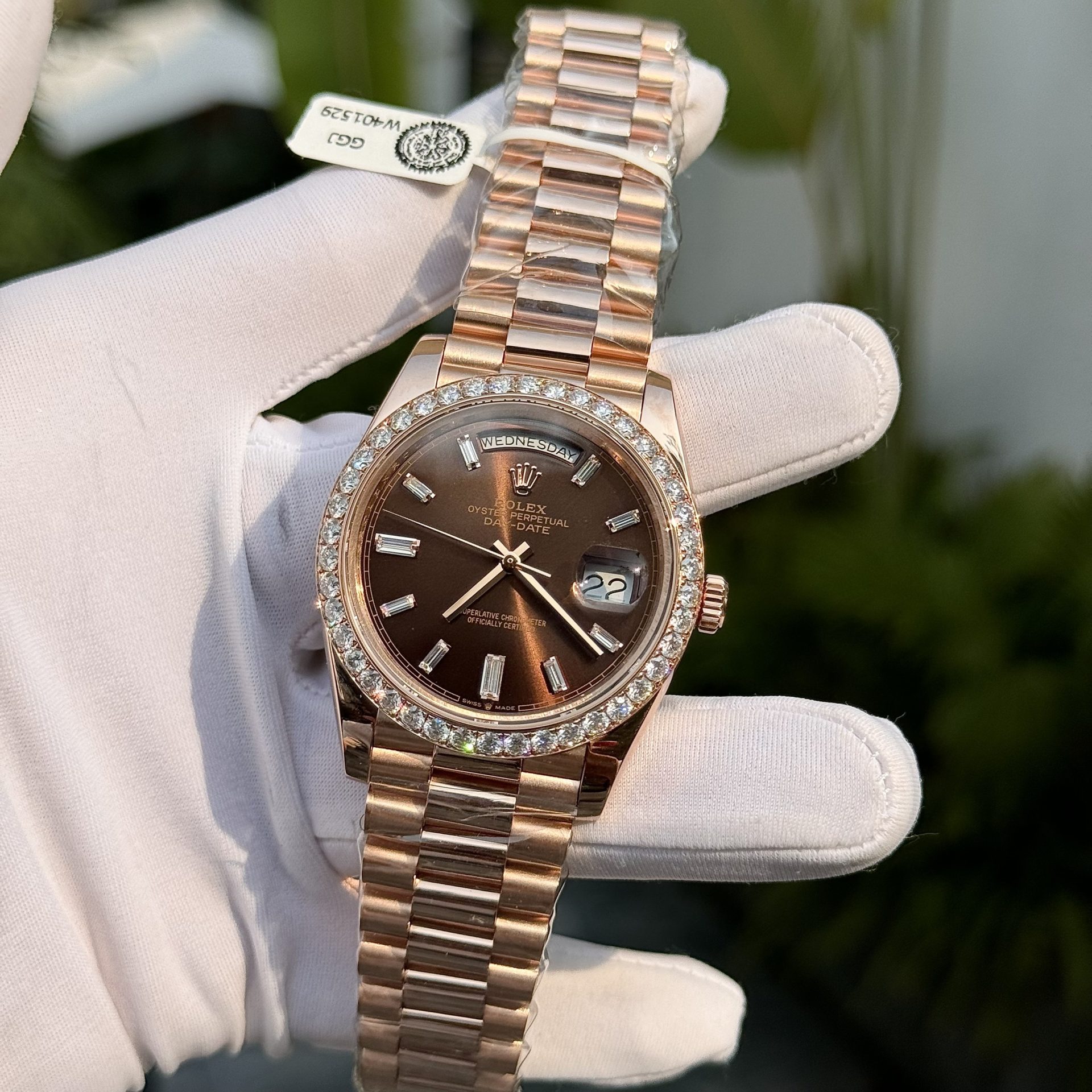 Rolex Replica Watch Day-Date Custom Gold Wrapped Moissanite Diamonds Dial Chocolate GM Factory 40mm - Soul Replicas