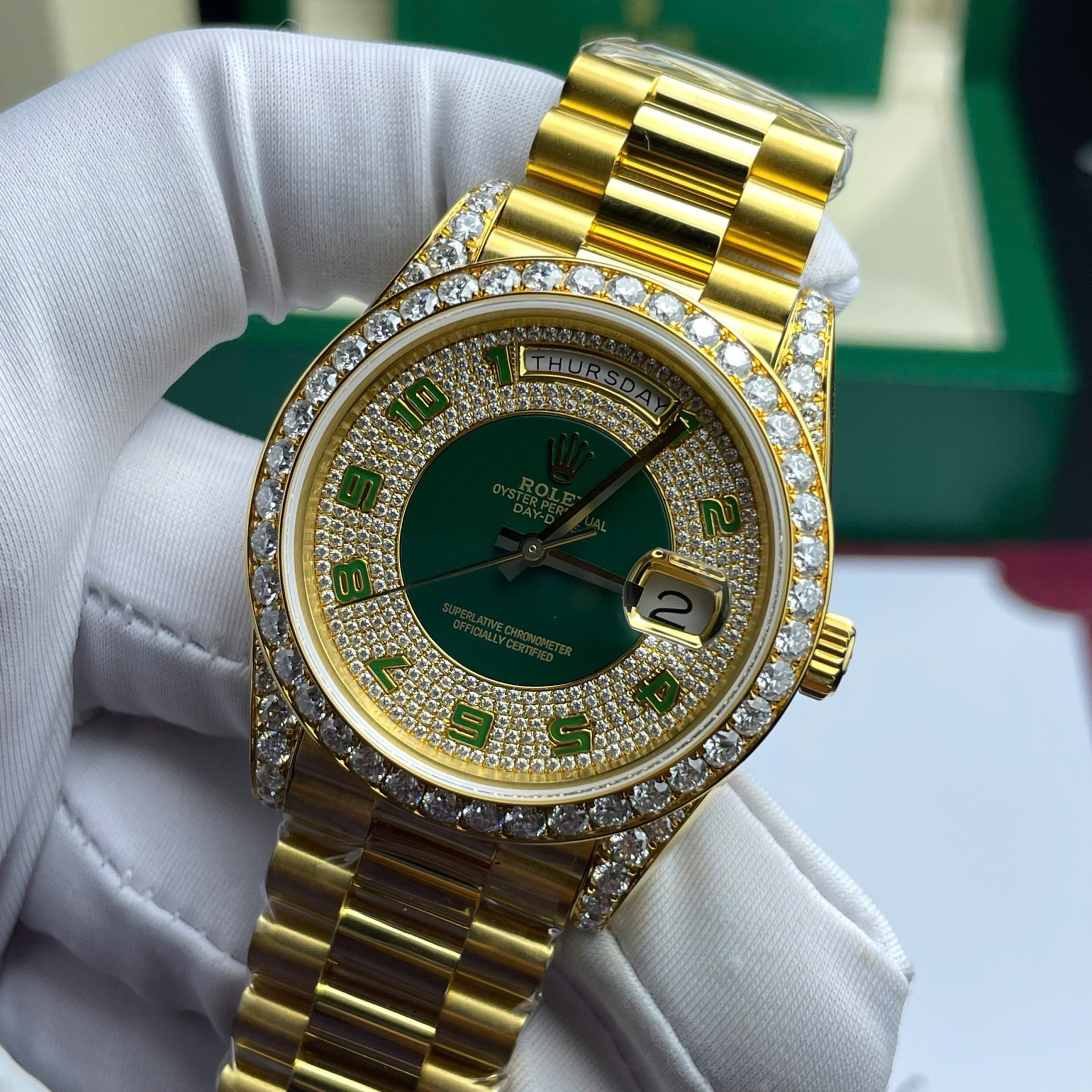 Rolex Day-Date Replica Watch Gold Wrapped + Moissanite Diamonds Weight 173 Gram 40mm - Soul Replicas