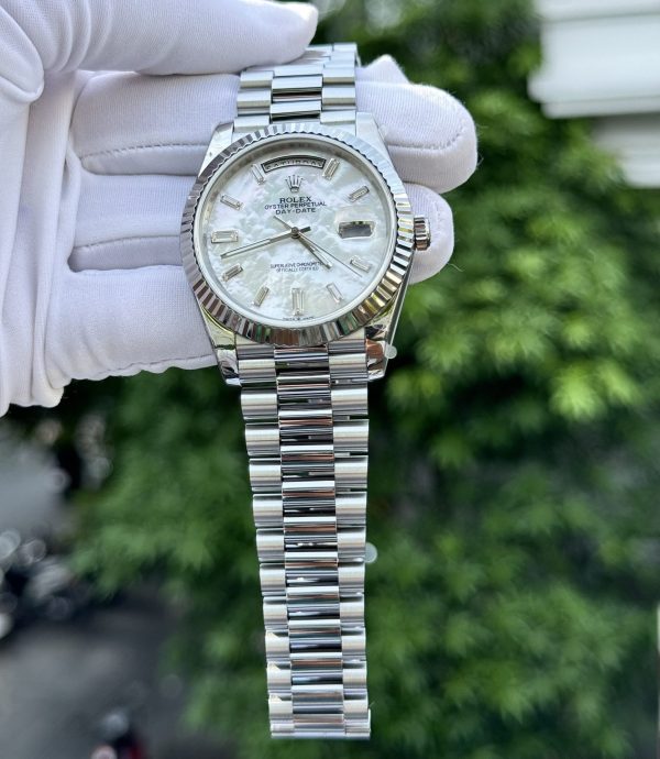 Rolex Day-Date Replica Watch Custom Mother Of Pearl & Moissanite Diamonds Baguetee 40mm - Soul Replicas