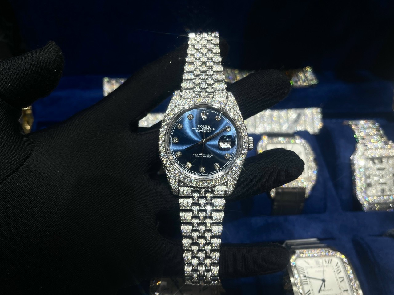 Rolex Best Replica Watch DateJust Dial Blue Custom Full Diamonds Moissanite 41mm - Soul Replicas